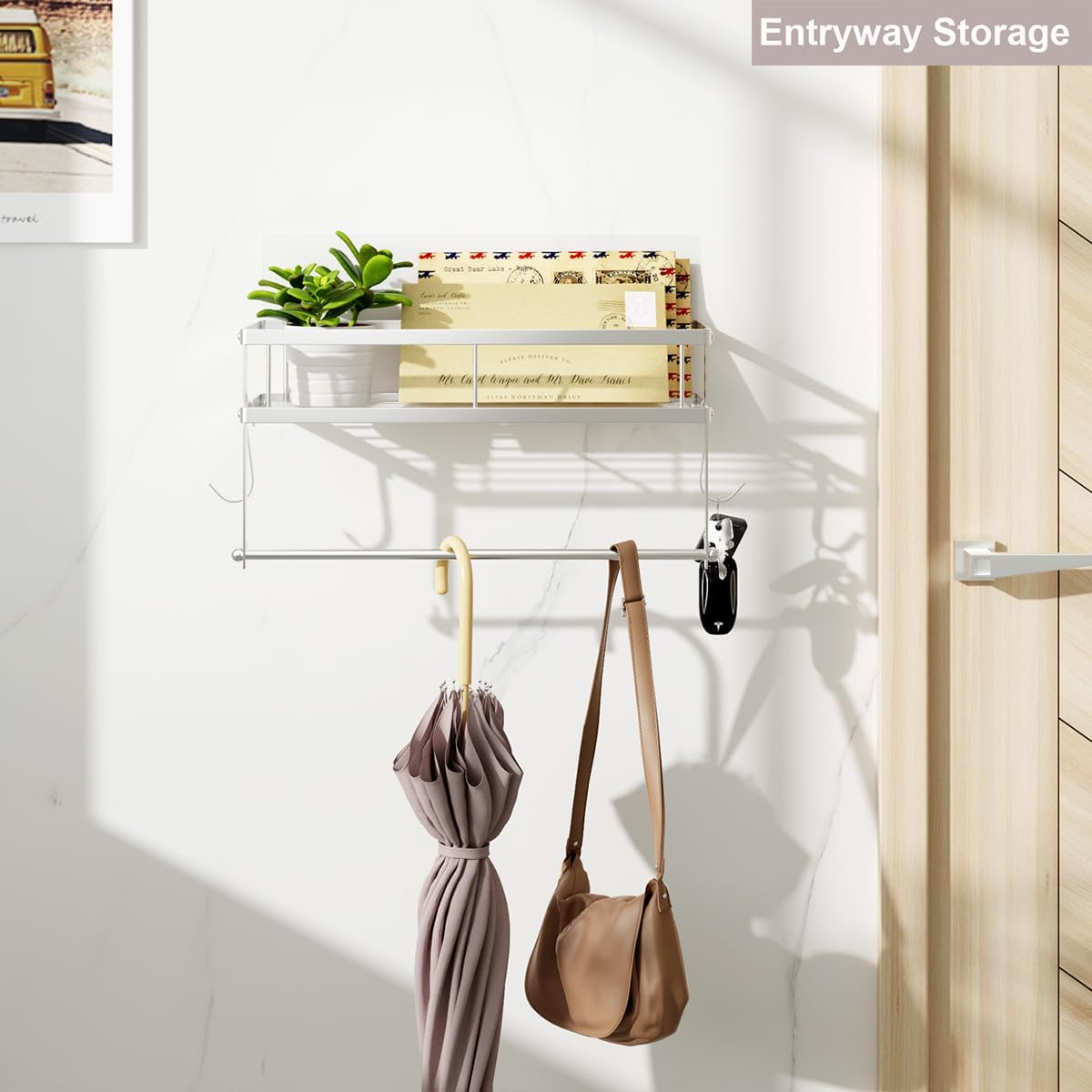 ESOW Adhesive Paper Towel Holder with Shelf Storage, Wall Mounted 2-in-1 Organizer for Kitchen & Bathroom - Durable Metal Wire Design, Brushed Nickel Finish
