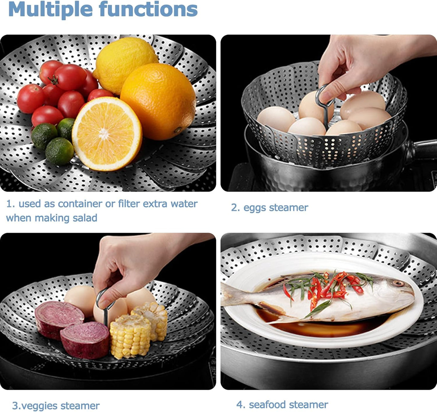 Expandable Vegetable Steamer Basket Set - 304 Stainless Steel Steamer for Cooking, Fits 5.7" to 9" Pots with Included 7.3" Kitchen Tong