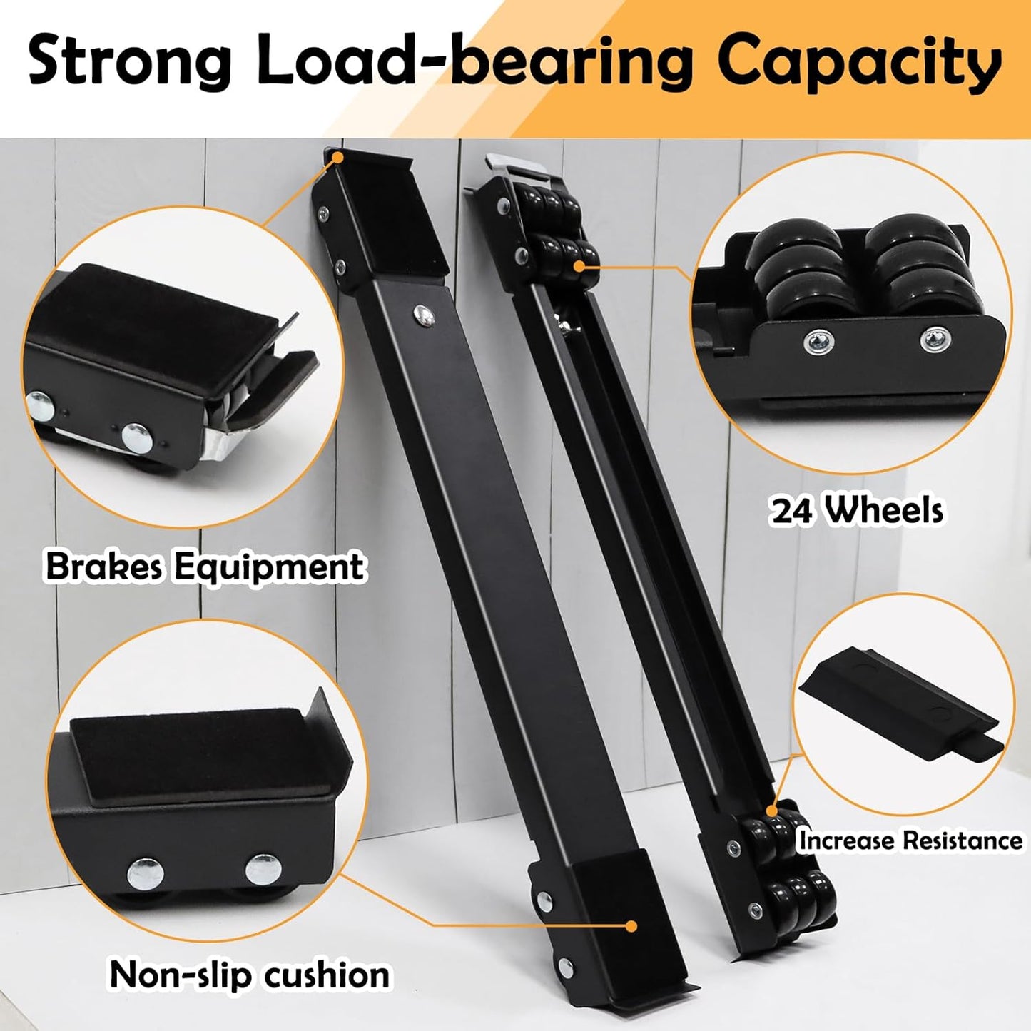 Extendable Furniture Mover Tools with 24 Rollers & Brakes - Heavy Duty Appliances Roller Equipment for Washing Machines, Dryers, Refrigerators - Mobile Wheels with Strong Base Stand (660 lb Capacity, Black)