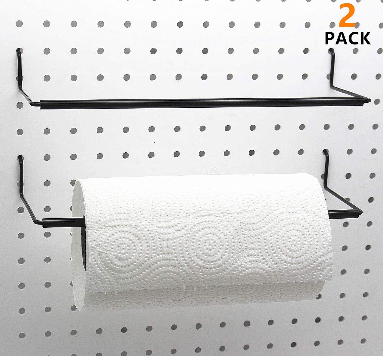 Extendable Paper Towel Holder for Pegboard - Set of 2 Black Hooks for Workshop, Garage, Kitchen, Laundry Room - Fits Standard Pegboards - Organization Accessory