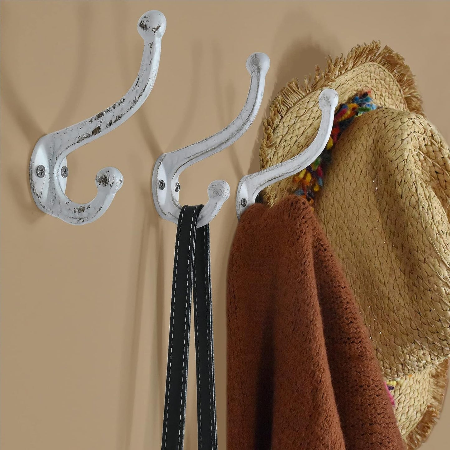 Farmhouse Vintage White Cast Iron Coat Hooks - Set of 4 Heavy Duty Rustic Wall Mounted Hooks