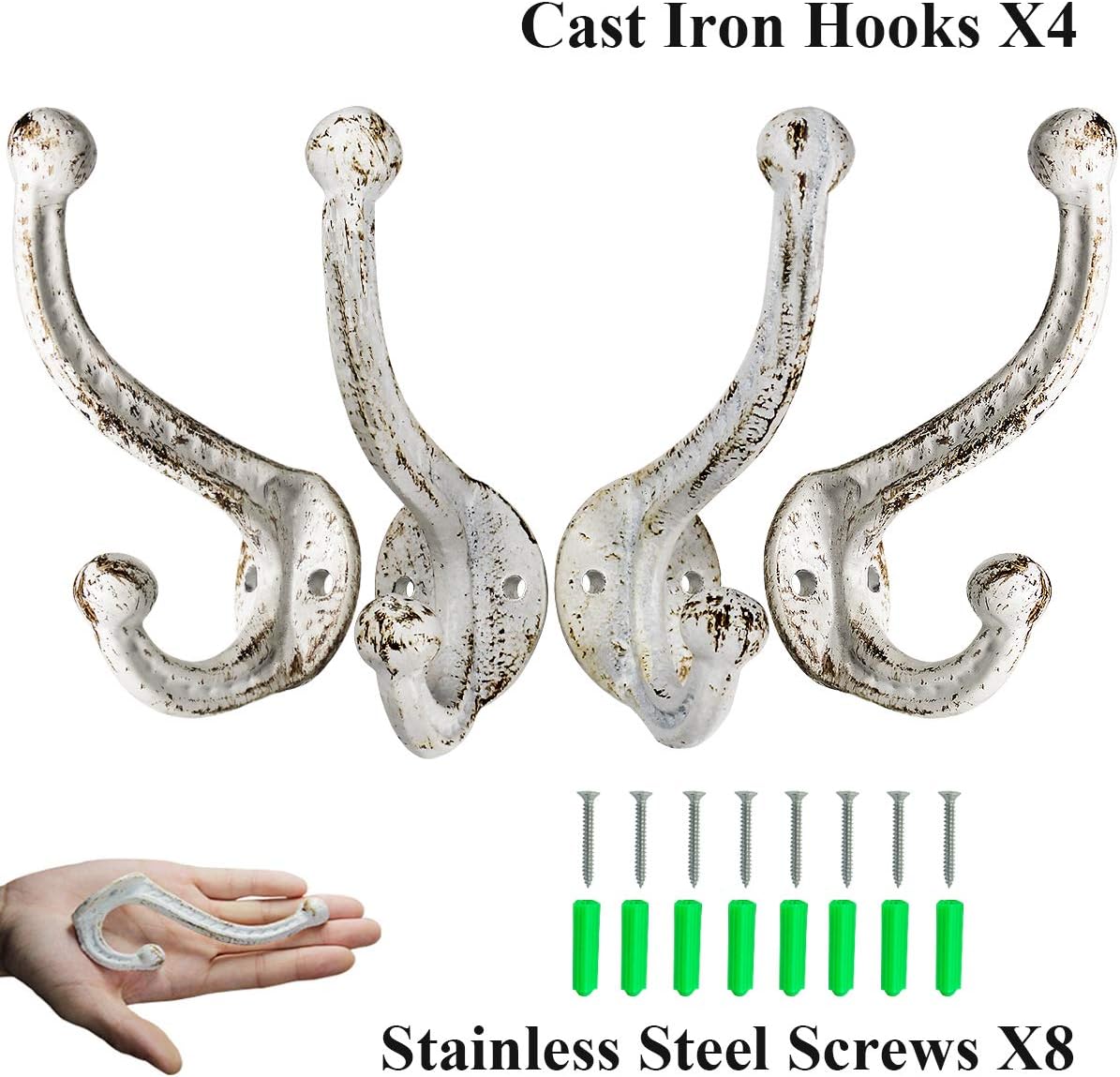Farmhouse Vintage White Cast Iron Coat Hooks - Set of 4 Heavy Duty Rustic Wall Mounted Hooks