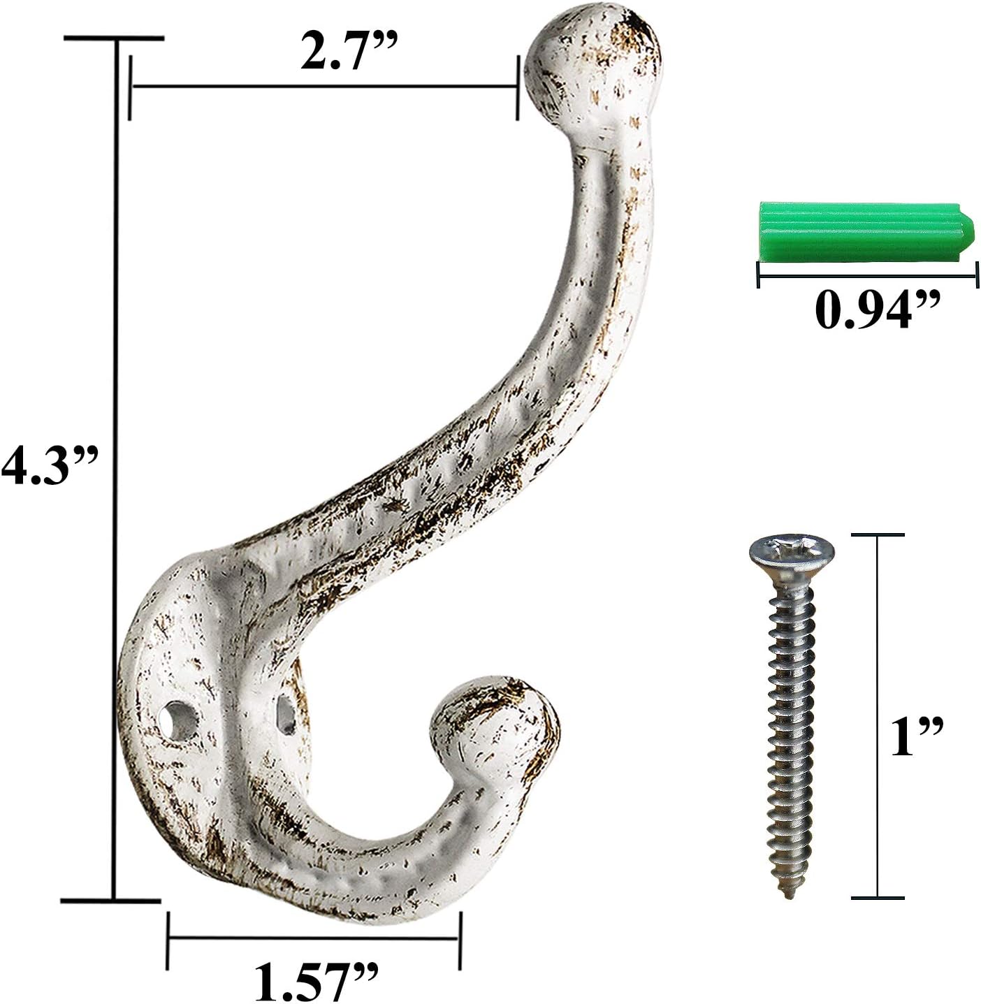 Farmhouse Vintage White Cast Iron Coat Hooks - Set of 4 Heavy Duty Rustic Wall Mounted Hooks
