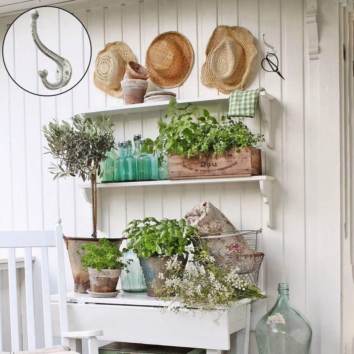 Farmhouse Vintage White Cast Iron Coat Hooks - Set of 4 Heavy Duty Rustic Wall Mounted Hooks
