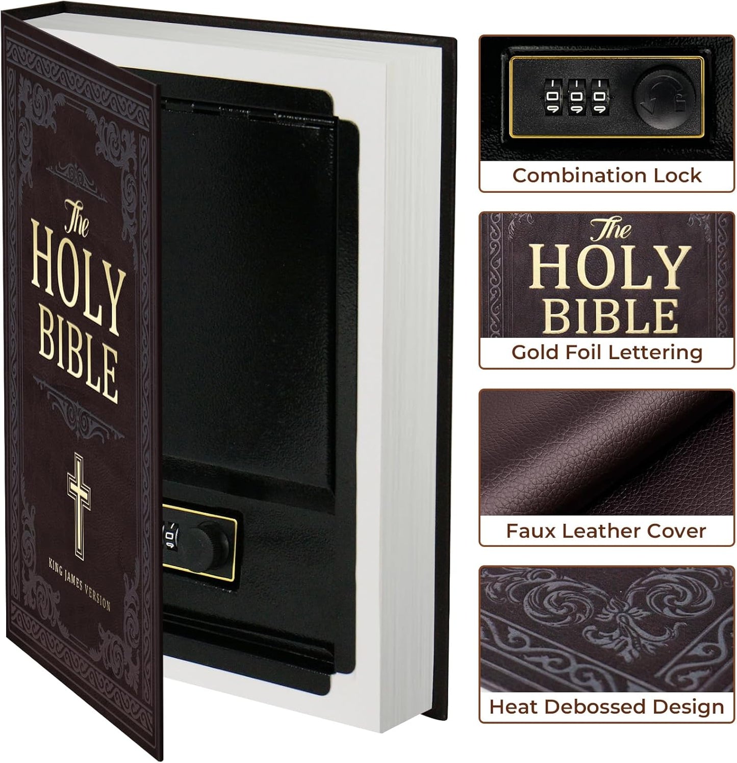 Fireproof Book Safe with Combination Lock - Hidden Storage Box, Secret Diversion Safe for Cash - Hollow Bible Book Box (10.9 x 7.7 x 1.8 Inch)