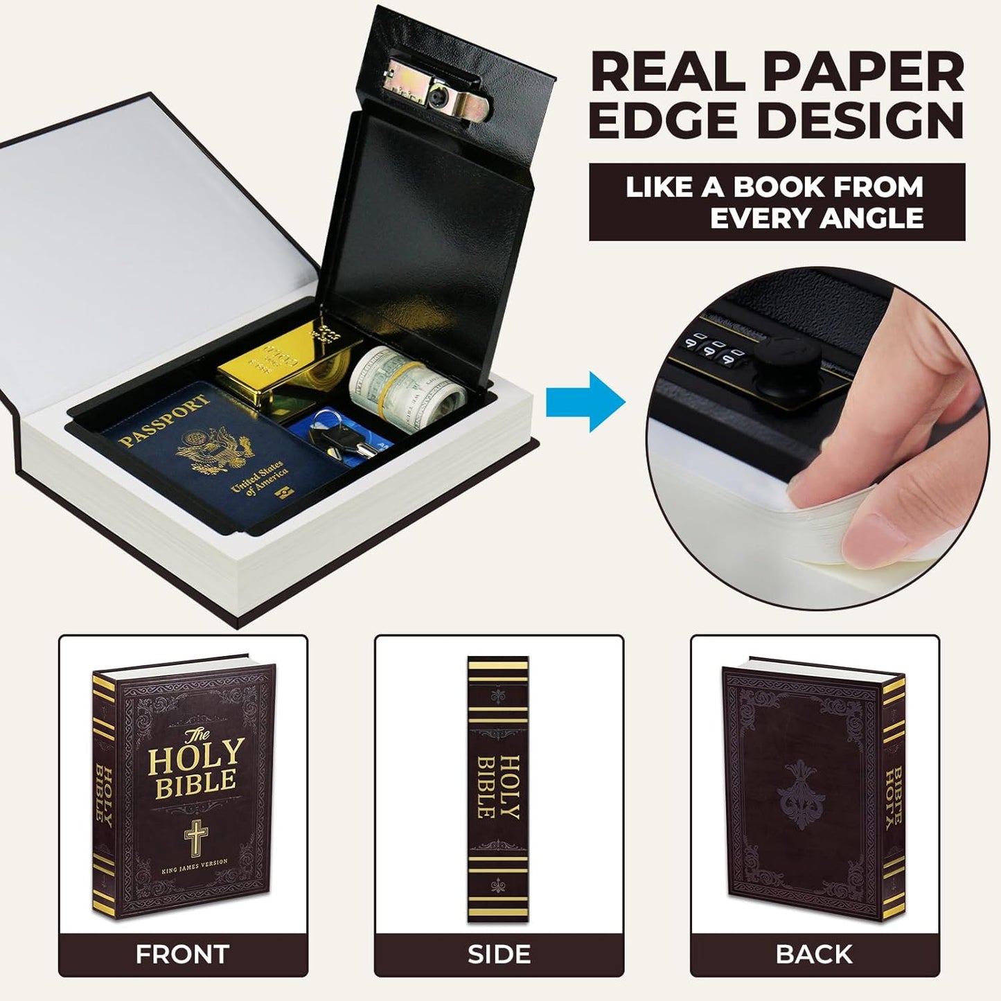 Fireproof Book Safe with Combination Lock - Hidden Storage Box, Secret Diversion Safe for Cash - Hollow Bible Book Box (10.9 x 7.7 x 1.8 Inch)
