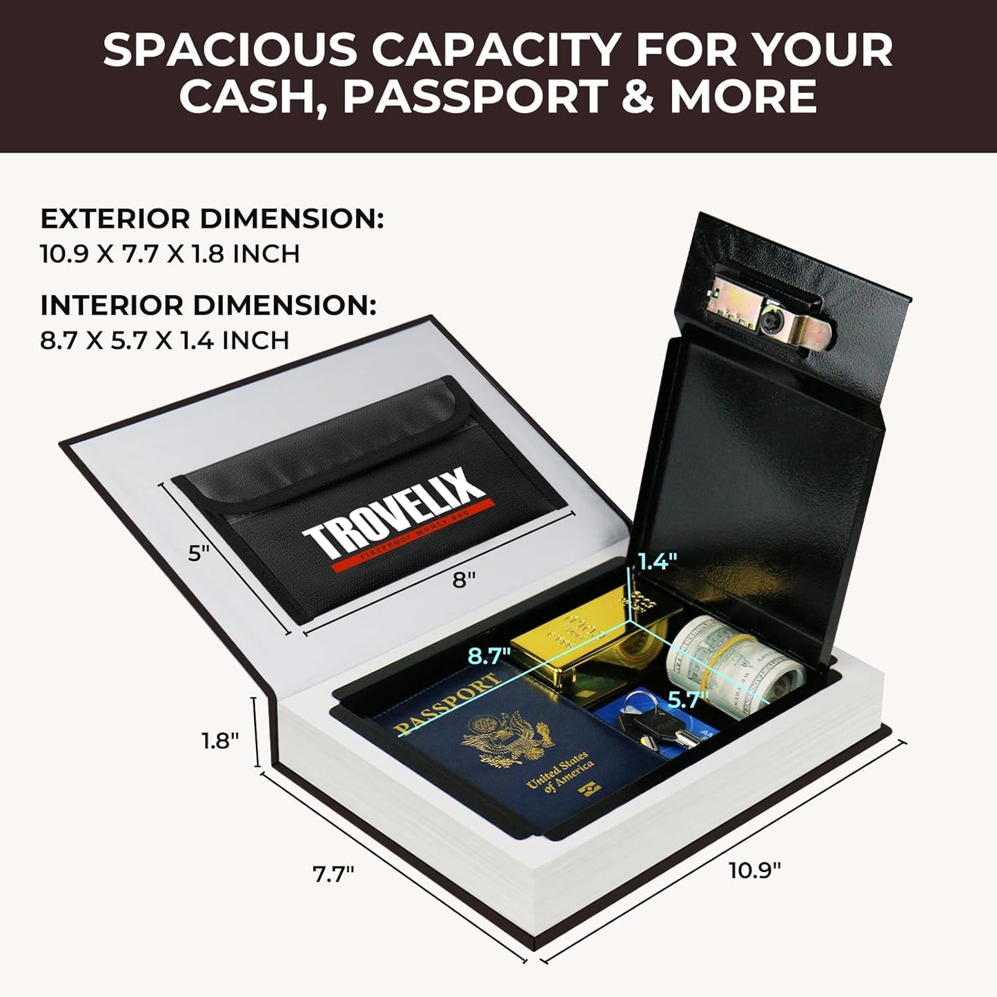 Fireproof Book Safe with Combination Lock - Hidden Storage Box, Secret Diversion Safe for Cash - Hollow Bible Book Box (10.9 x 7.7 x 1.8 Inch)