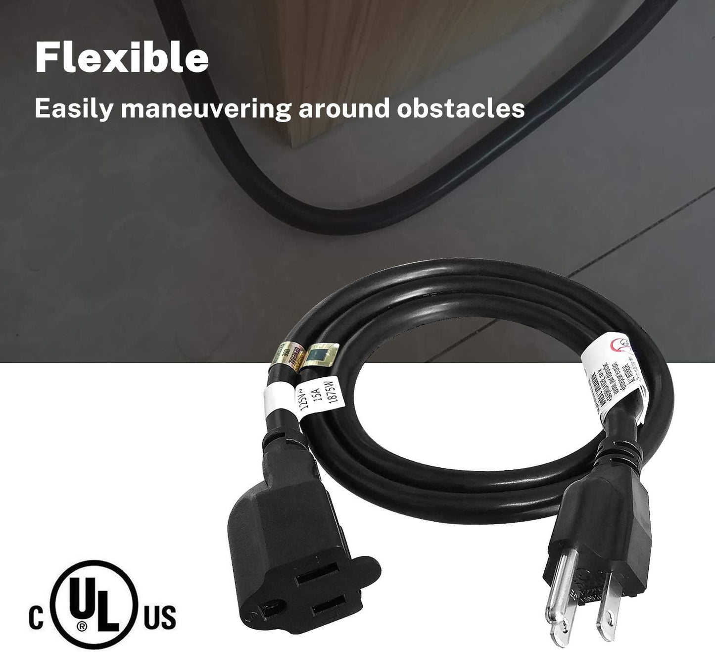 FIRMERST 3-Foot 14 AWG 15A Black Heavy Duty Extension Cord - 1875W Power Capacity