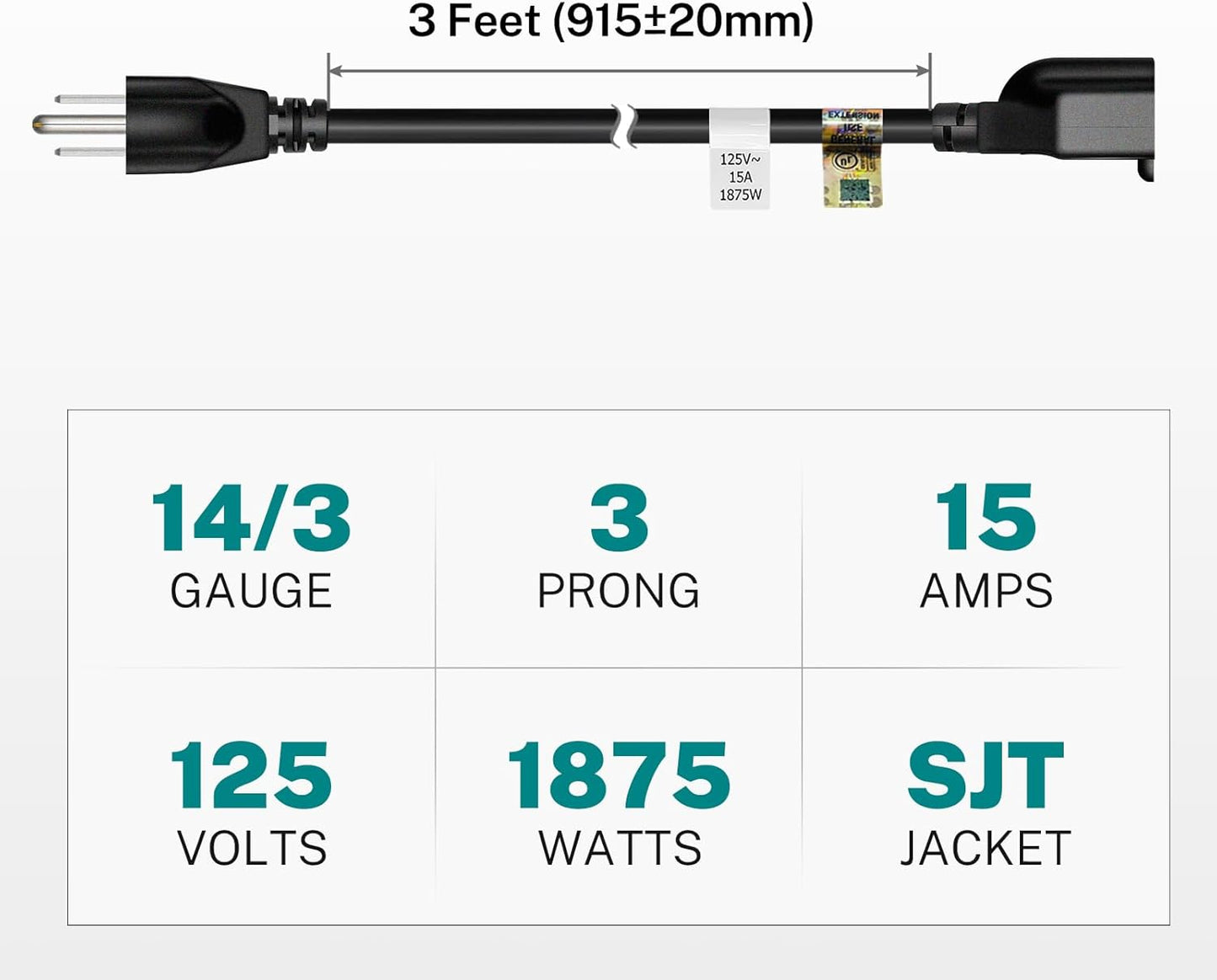 FIRMERST 3-Foot 14 AWG 15A Black Heavy Duty Extension Cord - 1875W Power Capacity