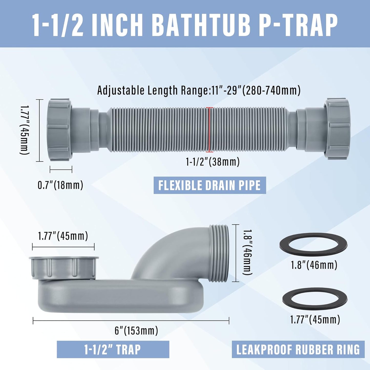 Flexible P Trap Freestanding Tub Drain Kit for RV Shower Sink - Cunsen Low Profile Shower Drain 1 1/2 Inch, Ideal for Bath Bathtub