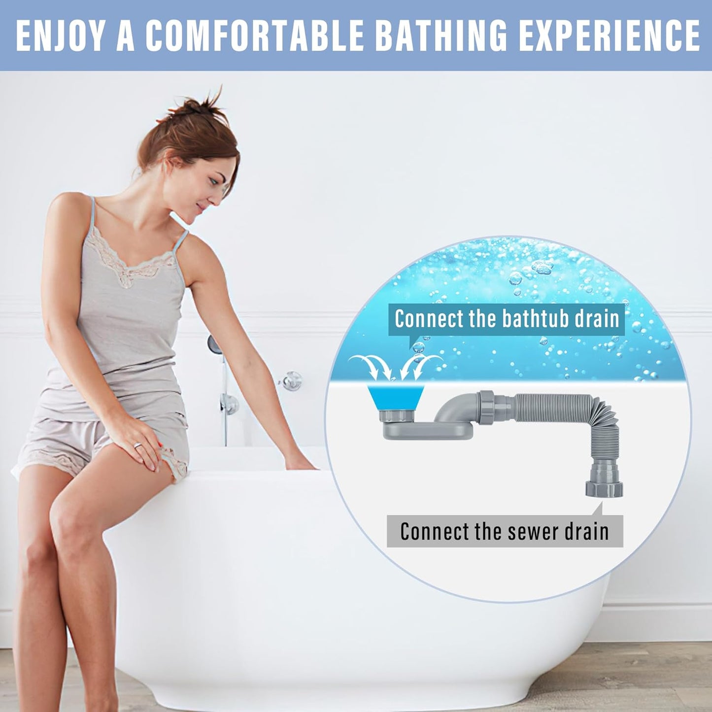 Flexible P Trap Freestanding Tub Drain Kit for RV Shower Sink - Cunsen Low Profile Shower Drain 1 1/2 Inch, Ideal for Bath Bathtub