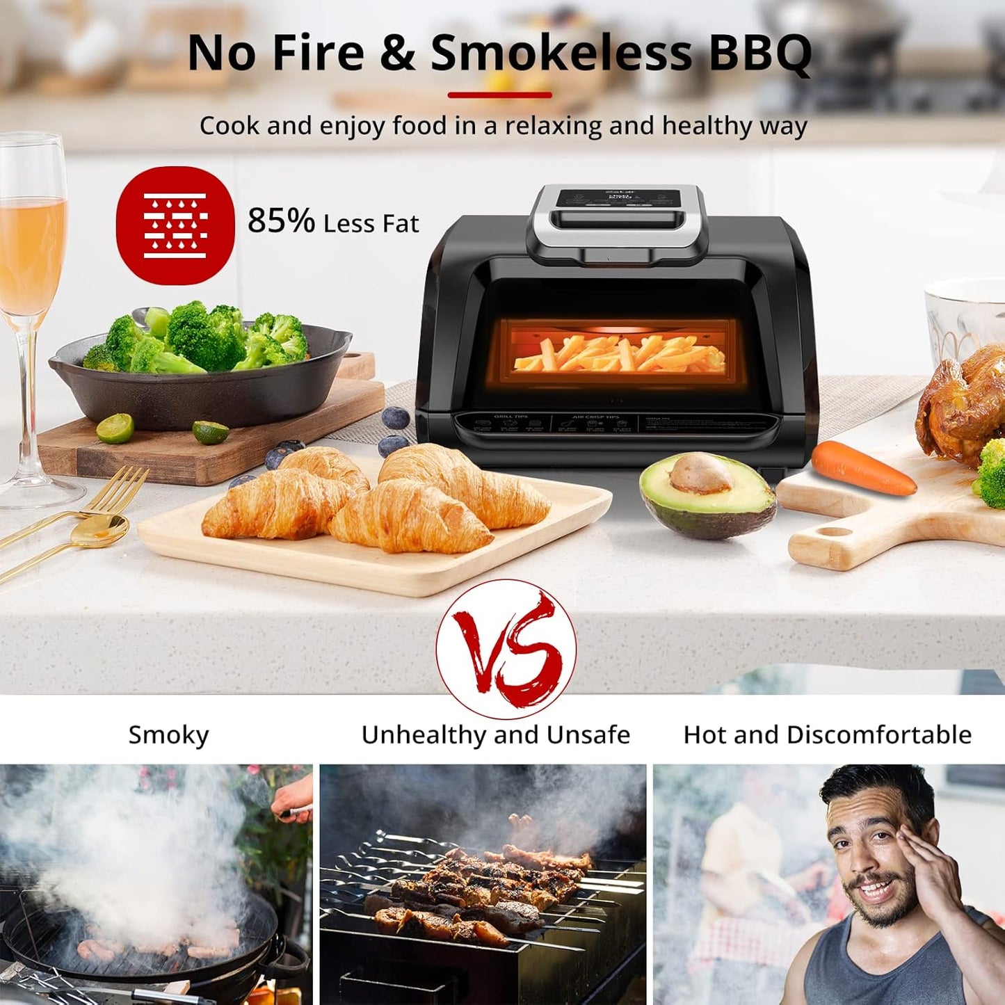 FlexWill 7-in-1 Electric Air Grill Fryer - Indoor Smokeless Contact Grill with Fast Even Heat and Non-Stick Removable Plates - 1750W - Perfect for Healthy Grilling and Flat Top Griddle - 4Qt Capacity