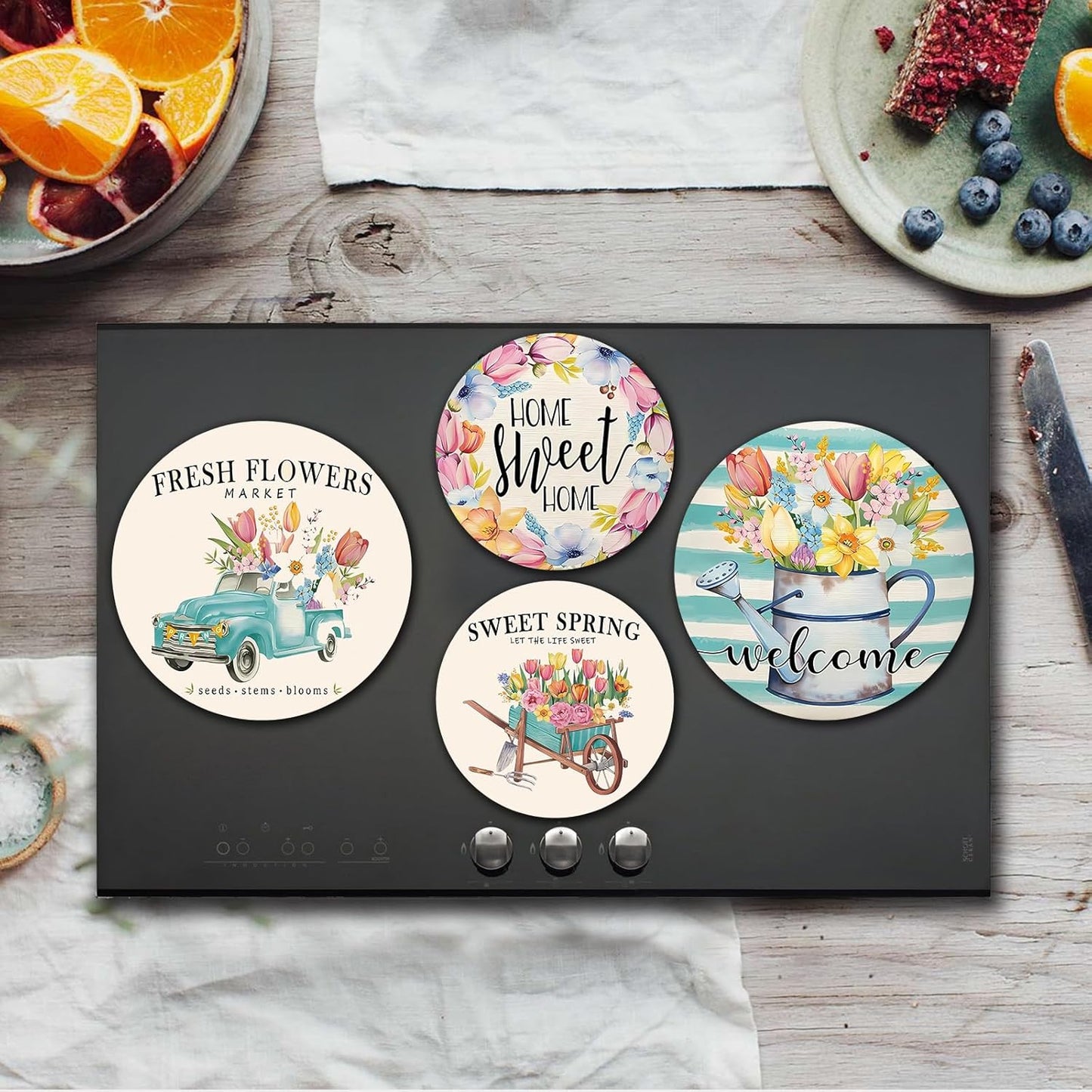 Floral Farmhouse Electric Stove Burner Covers Set - 4 Pcs, 8" and 10", Gas Cooktop Cover for Kitchen Decor, Metal Flowers Decorations