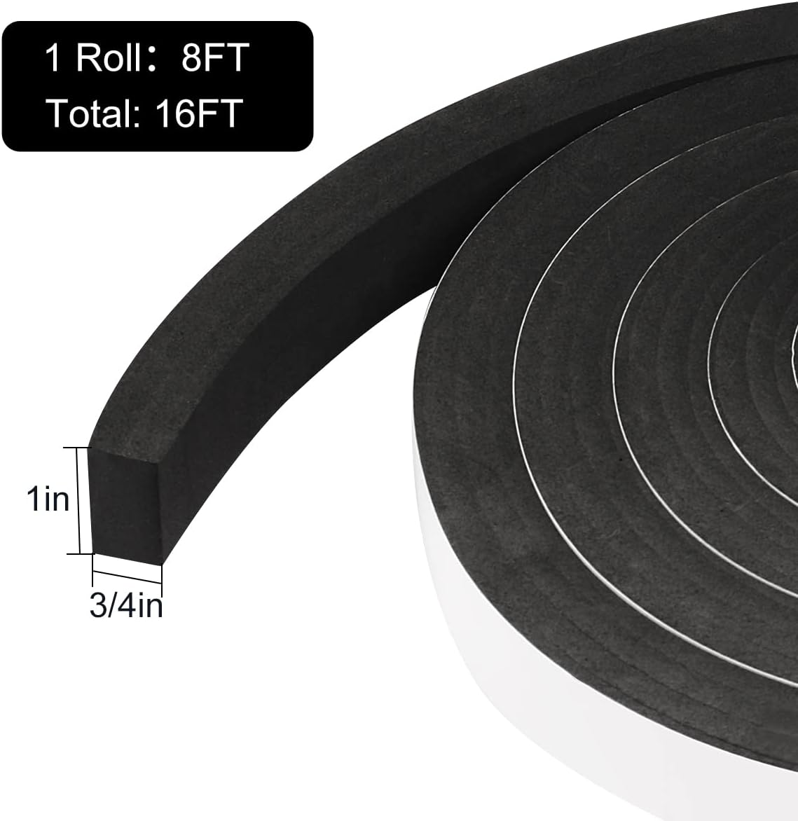 Foam Tape Weather Stripping Door Seal - 2 Rolls, 1'' W x 3/4'' T High Density Adhesive Strip, Total 16.5 Feet Long