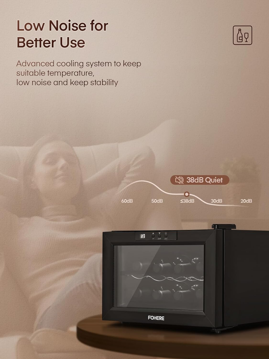 FOHERE Wine Cooler Refrigerator with Double Glass Doors - 8 Bottle Capacity, LED Light, Digital Temp Control - Ideal for Bar, Home, Office Cellar