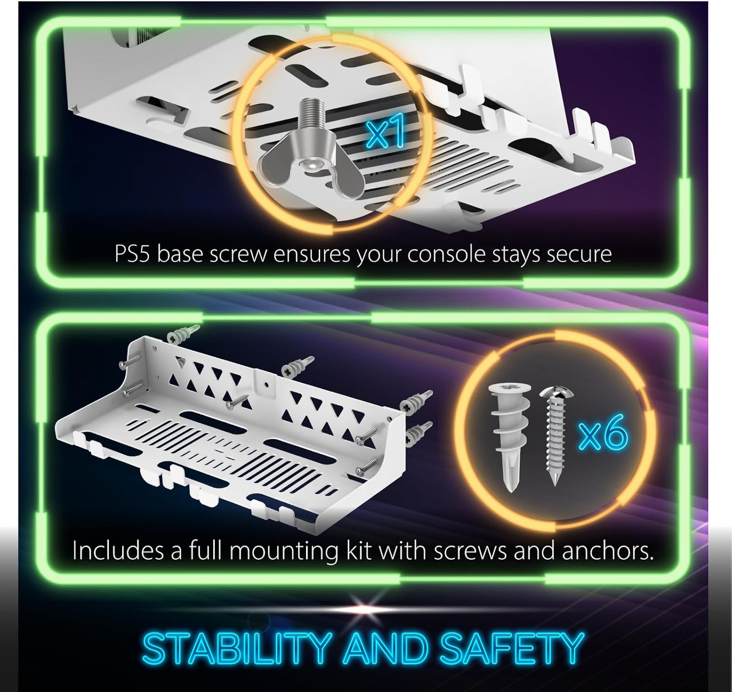 Fosmon PS5 Wall Mount Kit with Fast Charging Station, RGB Light & Metal Stand - Compatible with All PS5 Models (Slim & Pro)