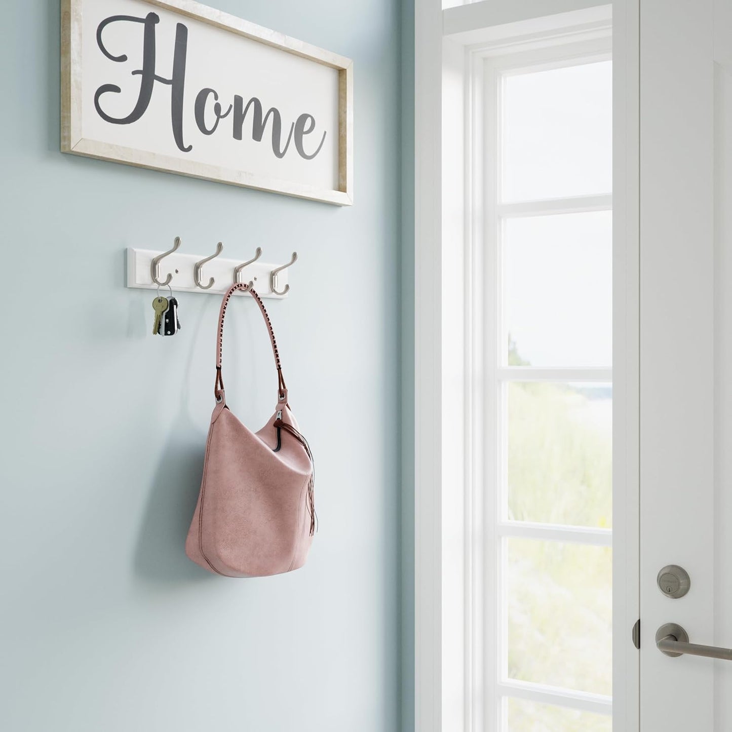Franklin Brass Casual Curve Wall Mounted Coat Rack with 4 Nickel Hooks, 16 inches, Pure White Finish