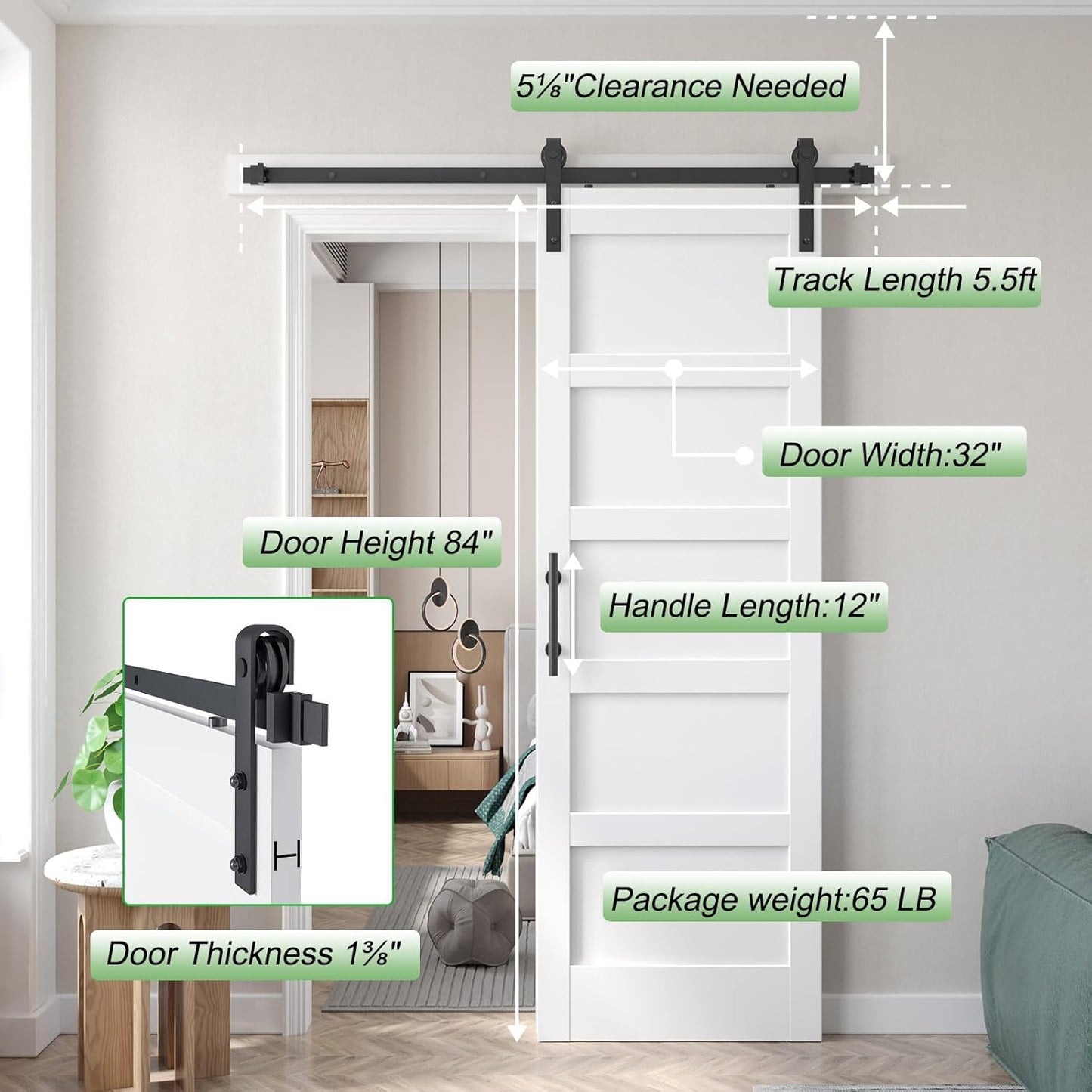 Fredbeck 32inx80in White Barn Door and 5.5FT Sliding Barn Door Hardware Kit Included,Solid,MDF, PVC Surface,DIY Assembly,5-Panel,Fit 29in-31in Opening