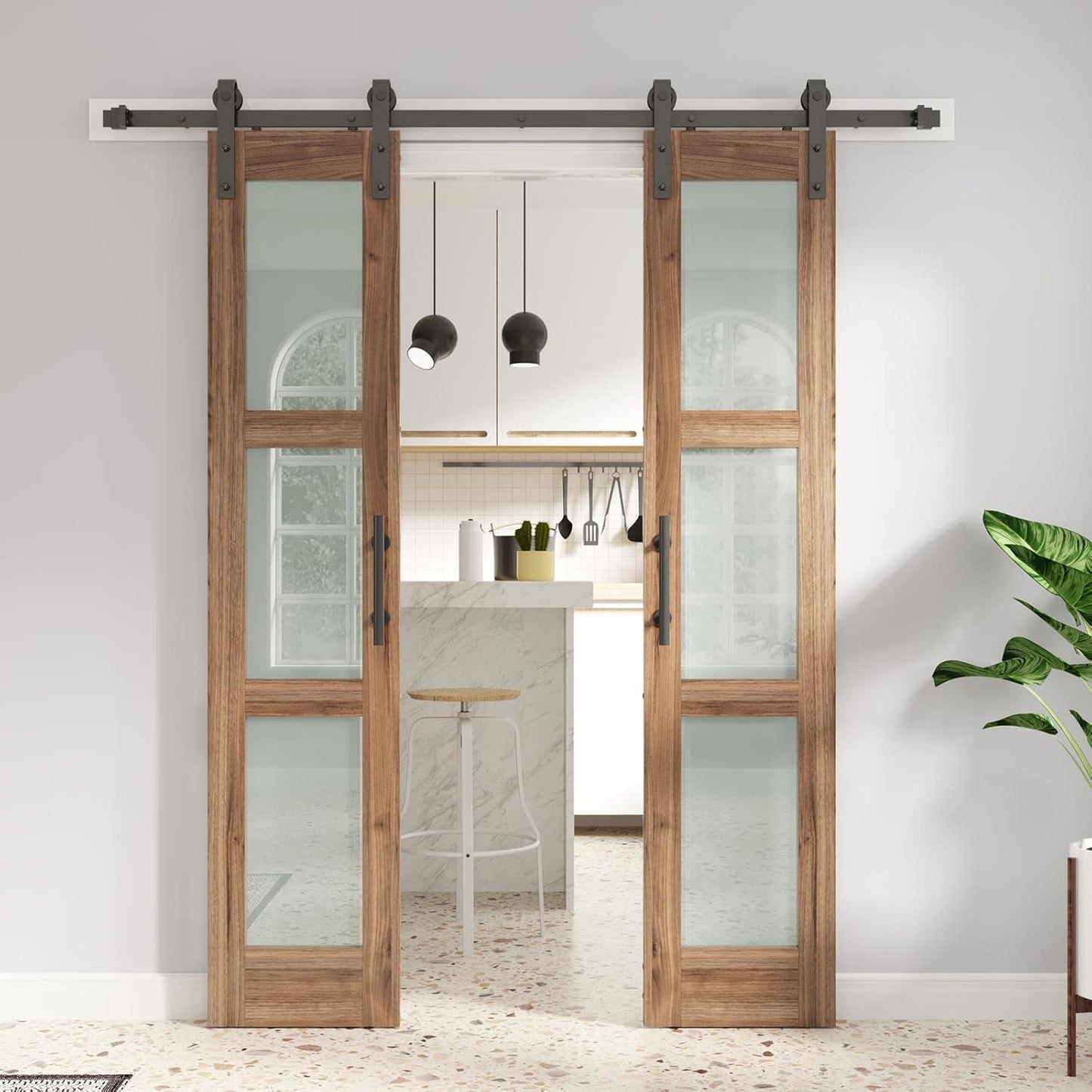 FREDBECK Double Glass Barn Doors with Hardware Kit - 18 x 84 inch Panels, 36 inch Door, 3-Panel Frosted Glass, Water-Proof Surface