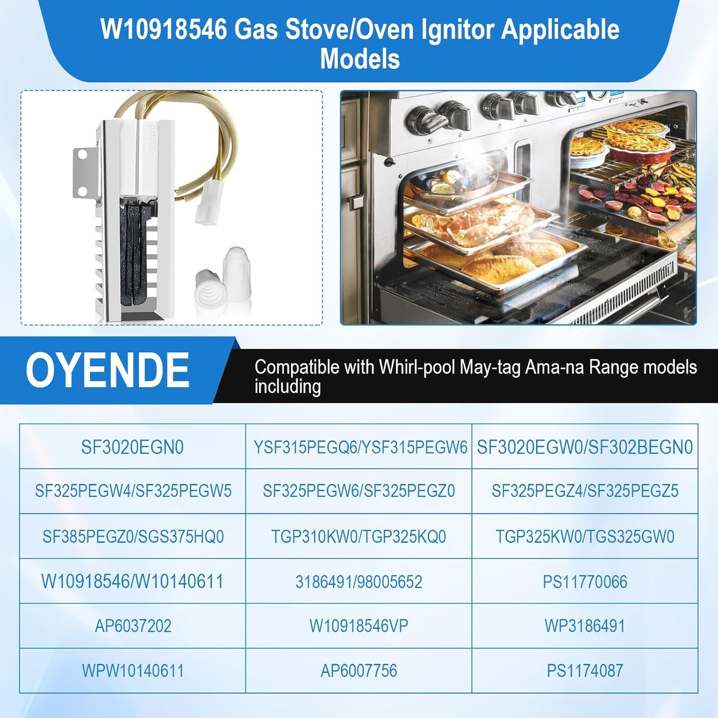 Gas Stove Oven Igniter for Whirlpool, Amana, Estate, Magic Chef, and Roper - Replaces W10918546VP, AP6037202, PS11770066 - Compatible with Various Models (SF1/2/3, TGP, VSF, WFG, YSF)