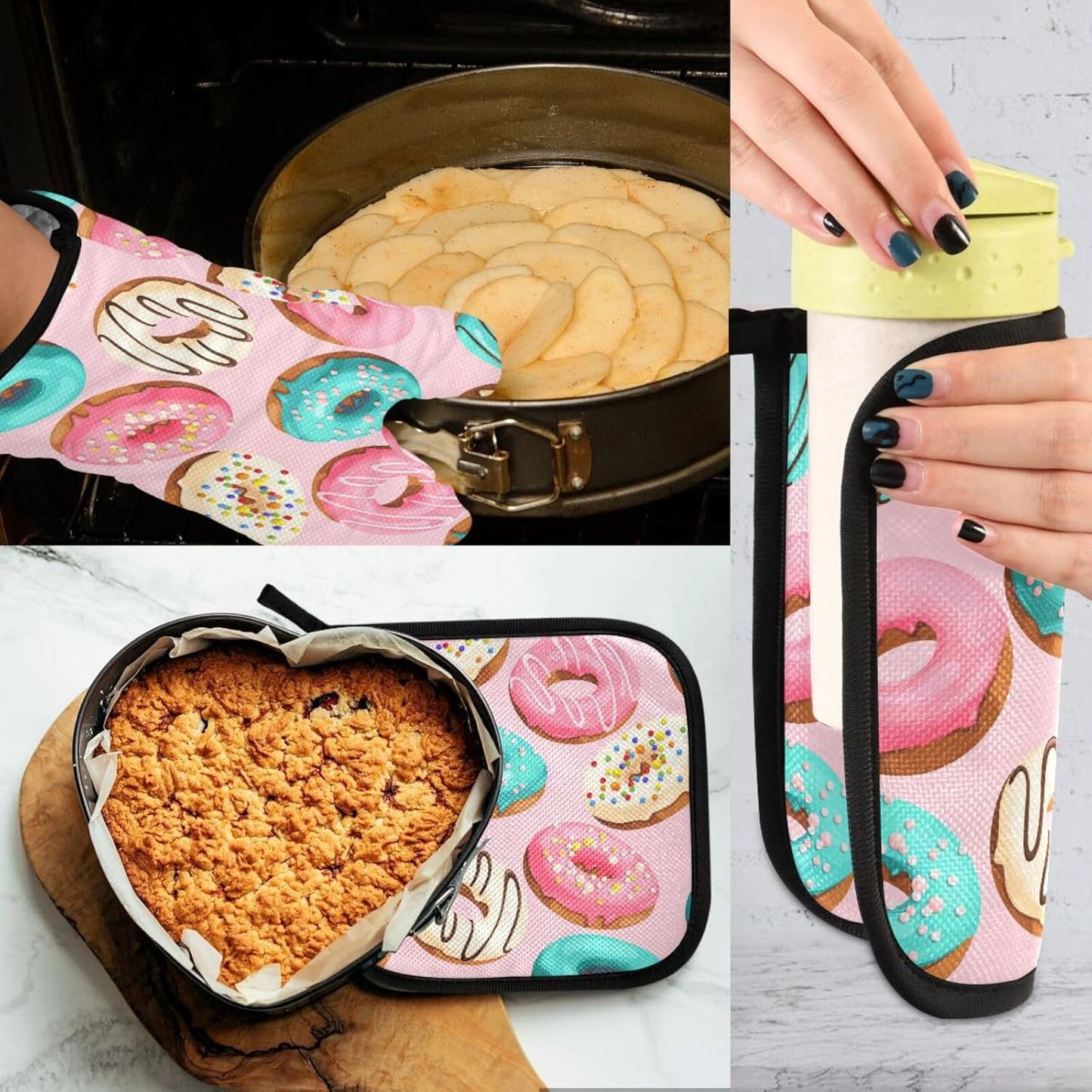 Glazed Donuts Seamless Oven Mitts and Pot Holders Set for Cooking and BBQ - Heat Resistant Kitchen Gloves