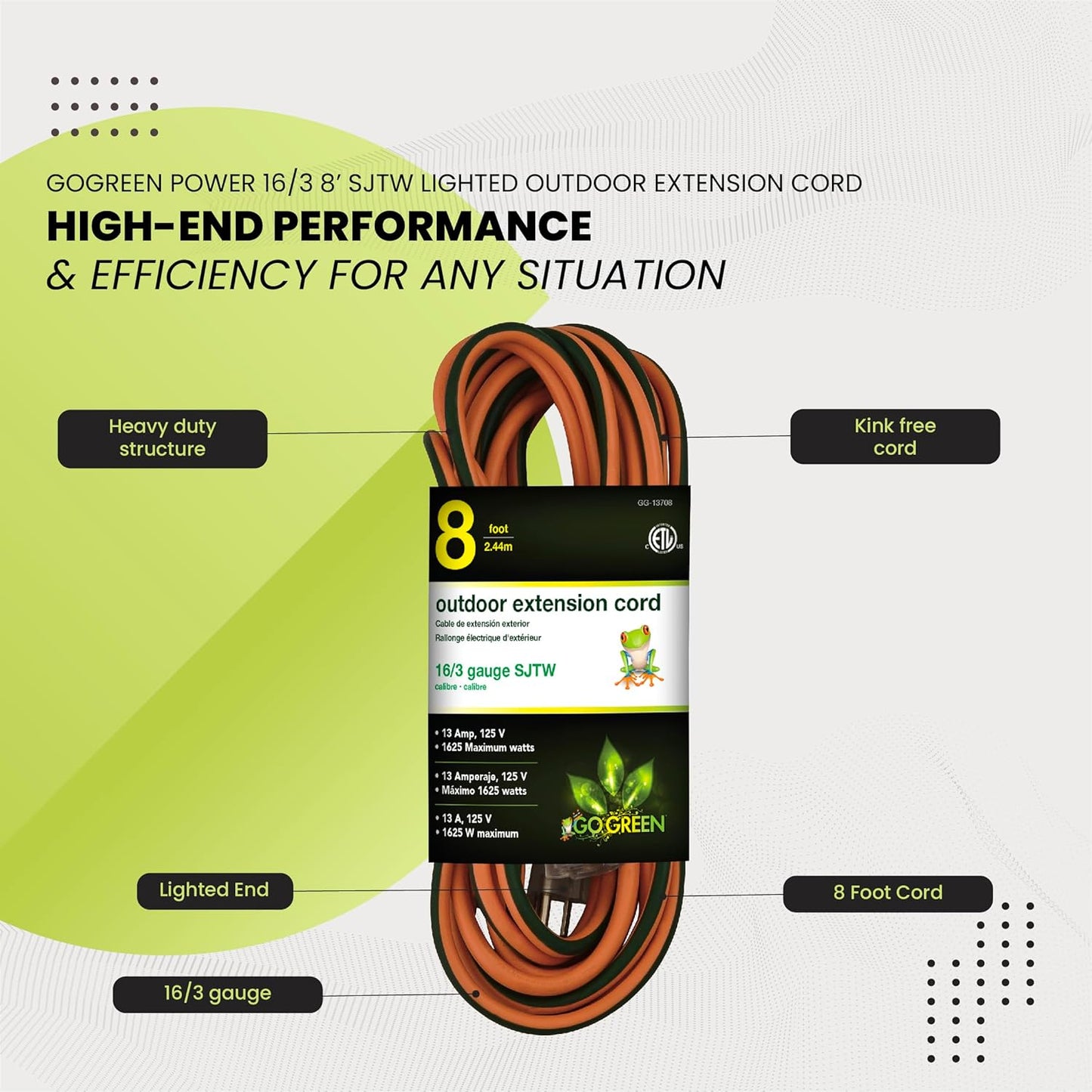 GoGreen GG-13708 16/3 Heavy Duty Extension Cord - 8 ft - Orange by Go Green Power Inc.