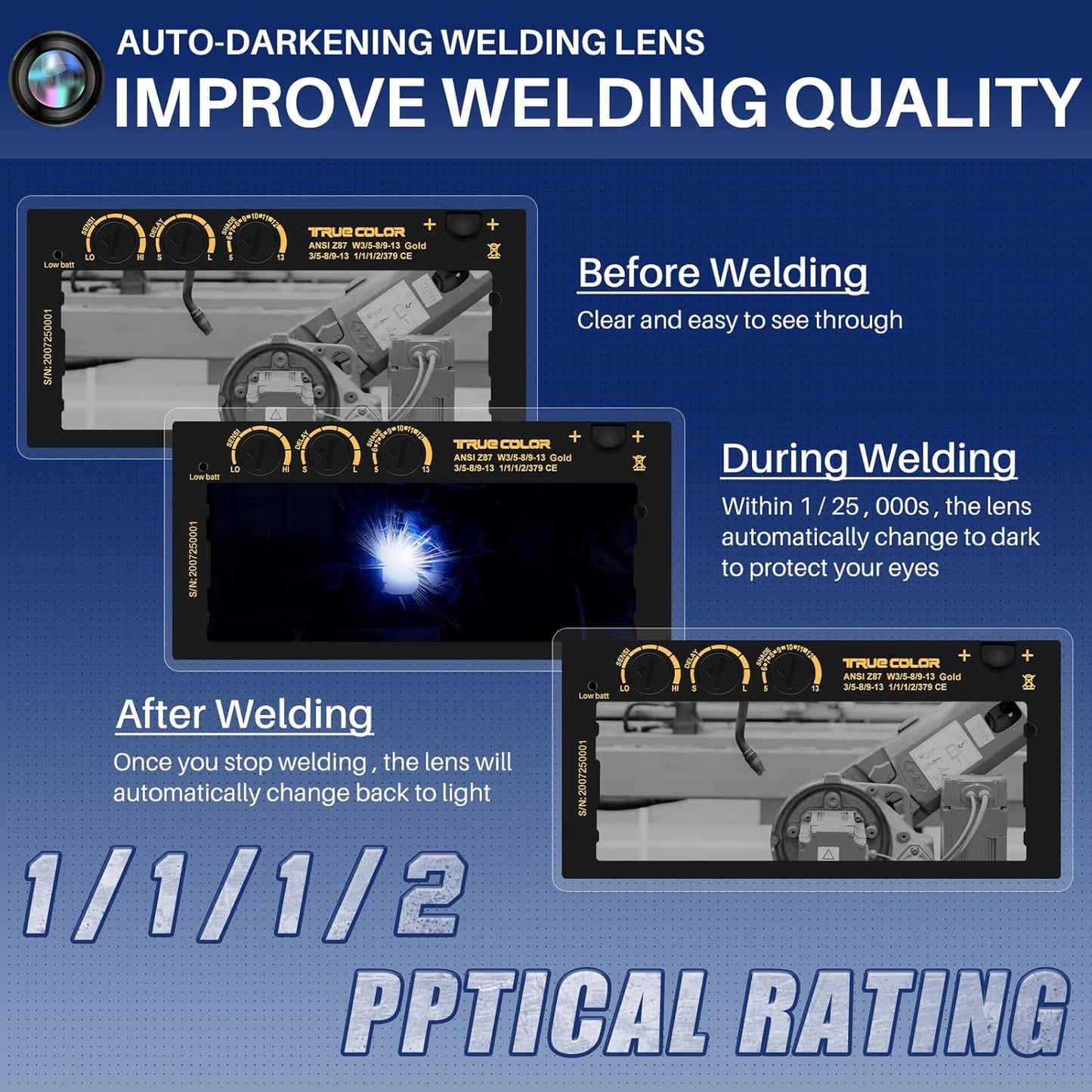 Gold Adjustable Auto Darkening Welding Lens Shade 5-13 for Pipeliner & Pancake Hood - TC108S5-13, 2x4 Replacement Lens