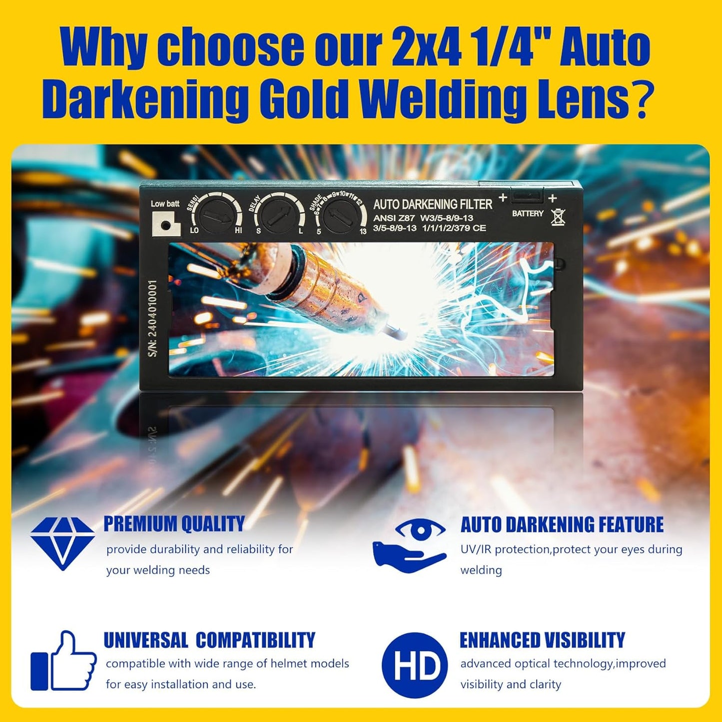 Gold Adjustable Shade 5-13 Auto Darkening Welding Lens with True Color Technology, Solar Charging - Ideal for Standard Welding Hood