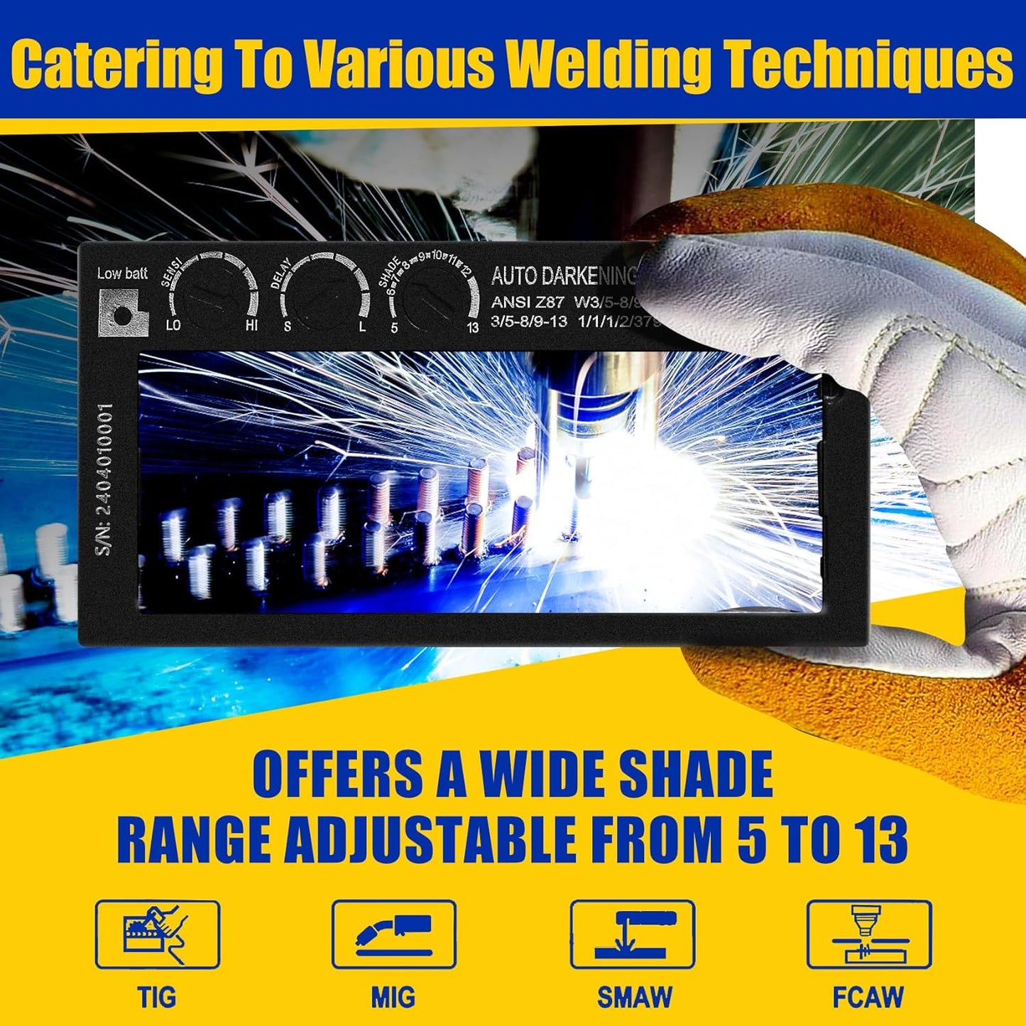 Gold Adjustable Shade 5-13 Auto Darkening Welding Lens with True Color Technology, Solar Charging - Ideal for Standard Welding Hood