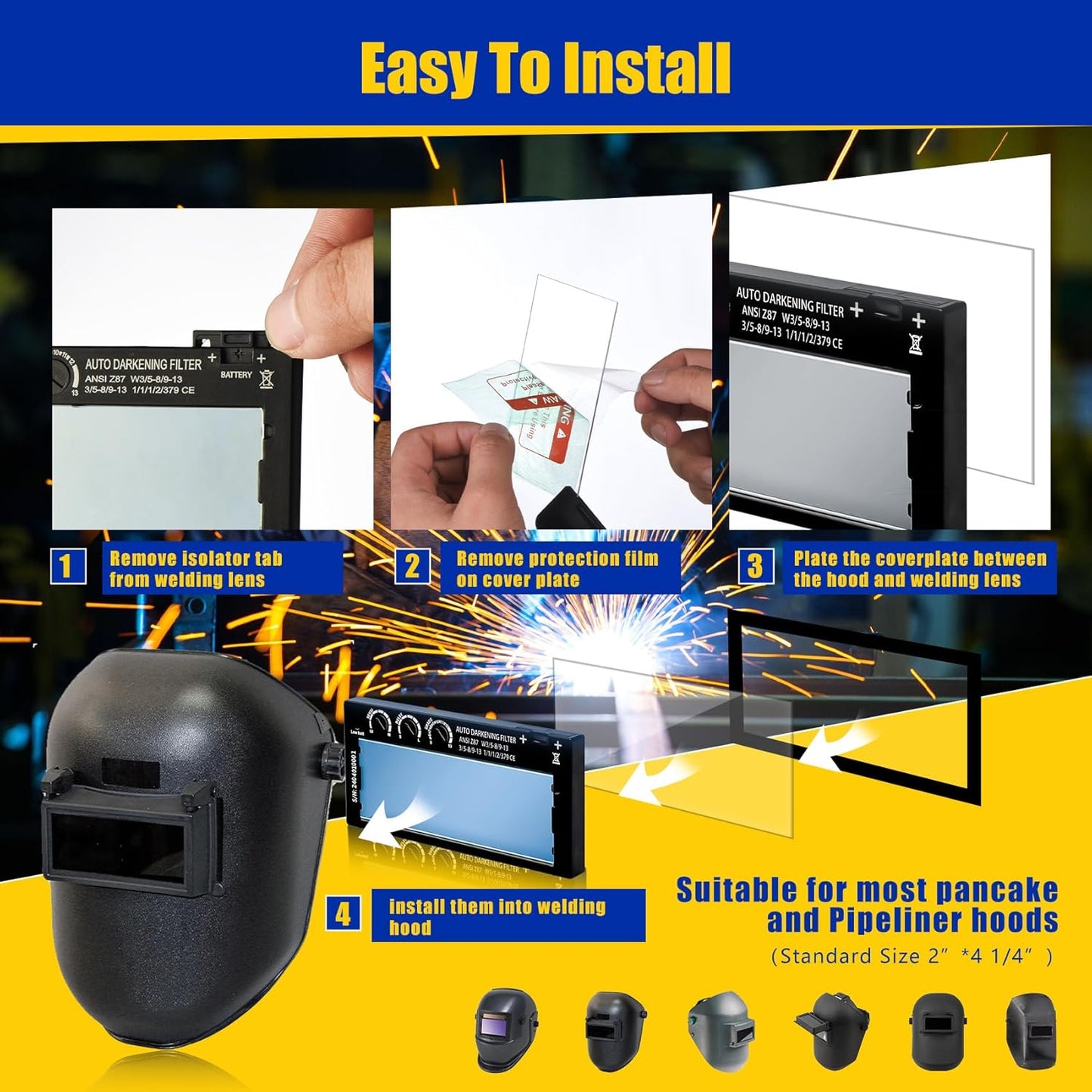 Gold Adjustable Shade 5-13 Auto Darkening Welding Lens with True Color Technology, Solar Charging - Ideal for Standard Welding Hood