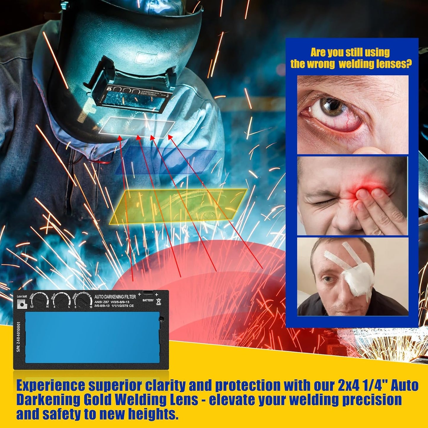Gold Adjustable Shade 5-13 Auto Darkening Welding Lens with True Color Technology, Solar Charging - Ideal for Standard Welding Hood