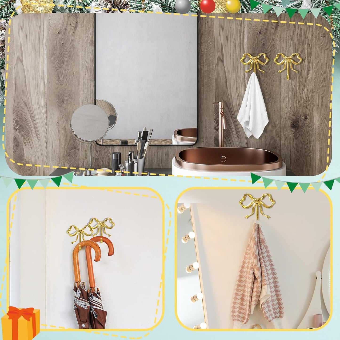 Gold Bow Knot Hooks Brass Wall Hanger Towel Coat Holder for Wedding Bathroom Kitchen Decor