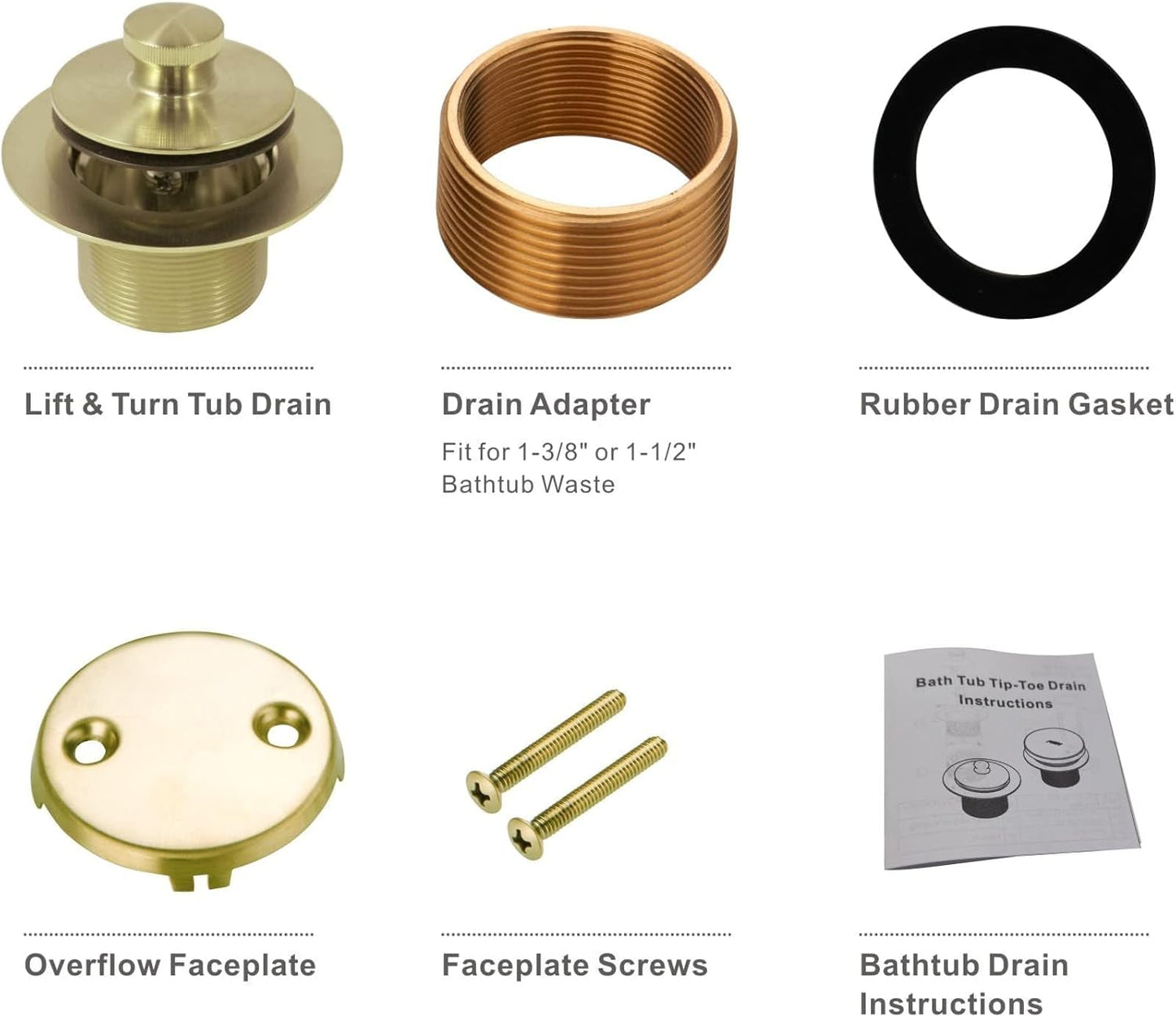 Gold Brushed Tub Drain Lift and Turn Trim Kit with Two-Hole Overflow Conversion Assembly - Hidrop Bathtub Drain Replacement Kit, Universal Thread