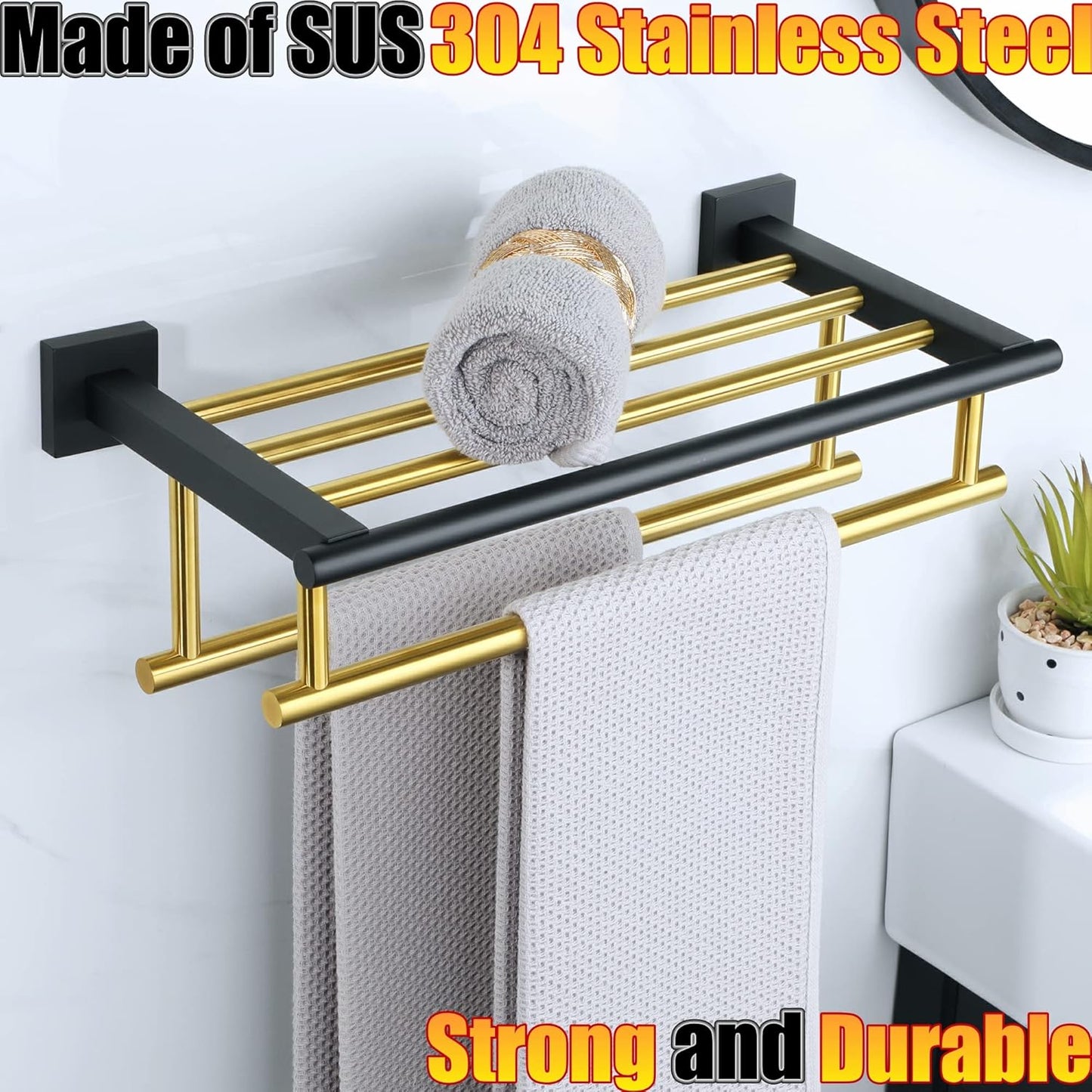 Gold Finish Stainless Steel Towel Rack with Double Bars for Bathroom Wall Mount - 16 Inch
