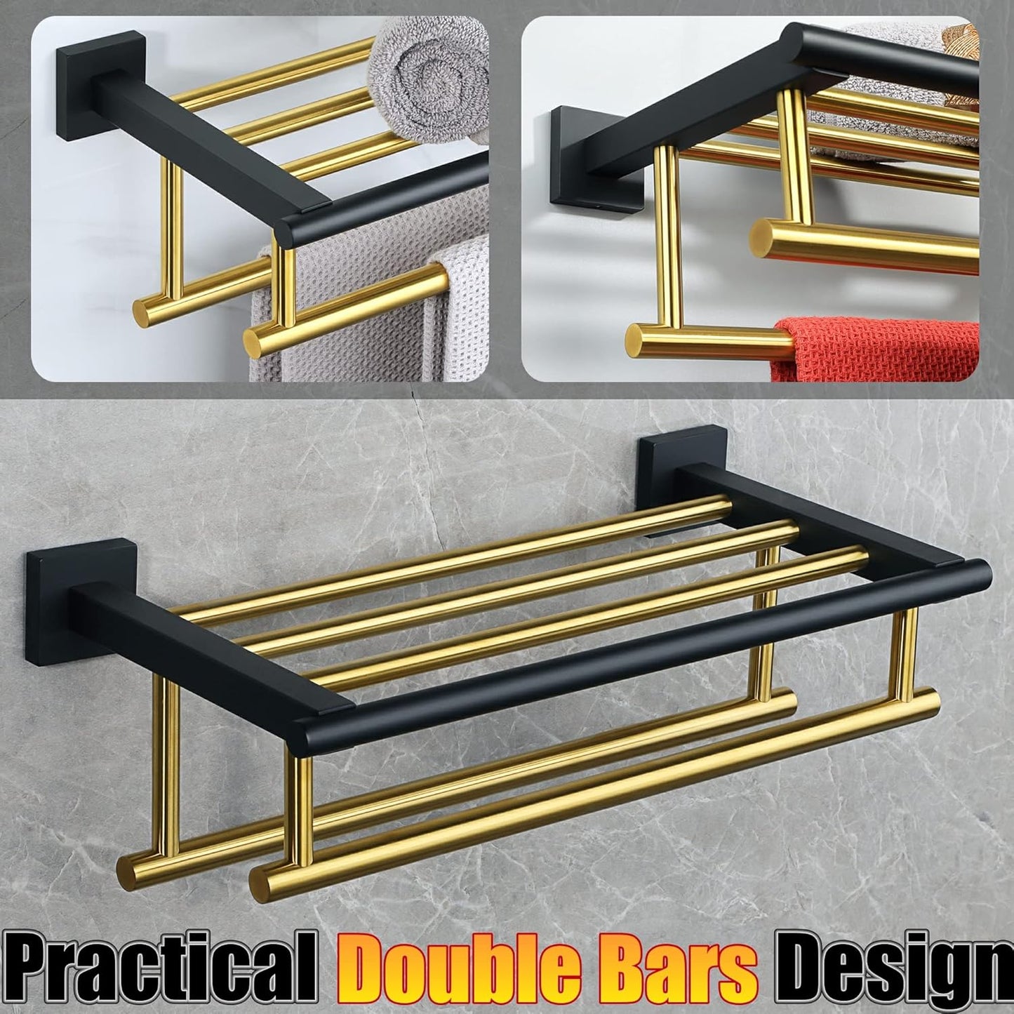 Gold Finish Stainless Steel Towel Rack with Double Bars for Bathroom Wall Mount - 16 Inch