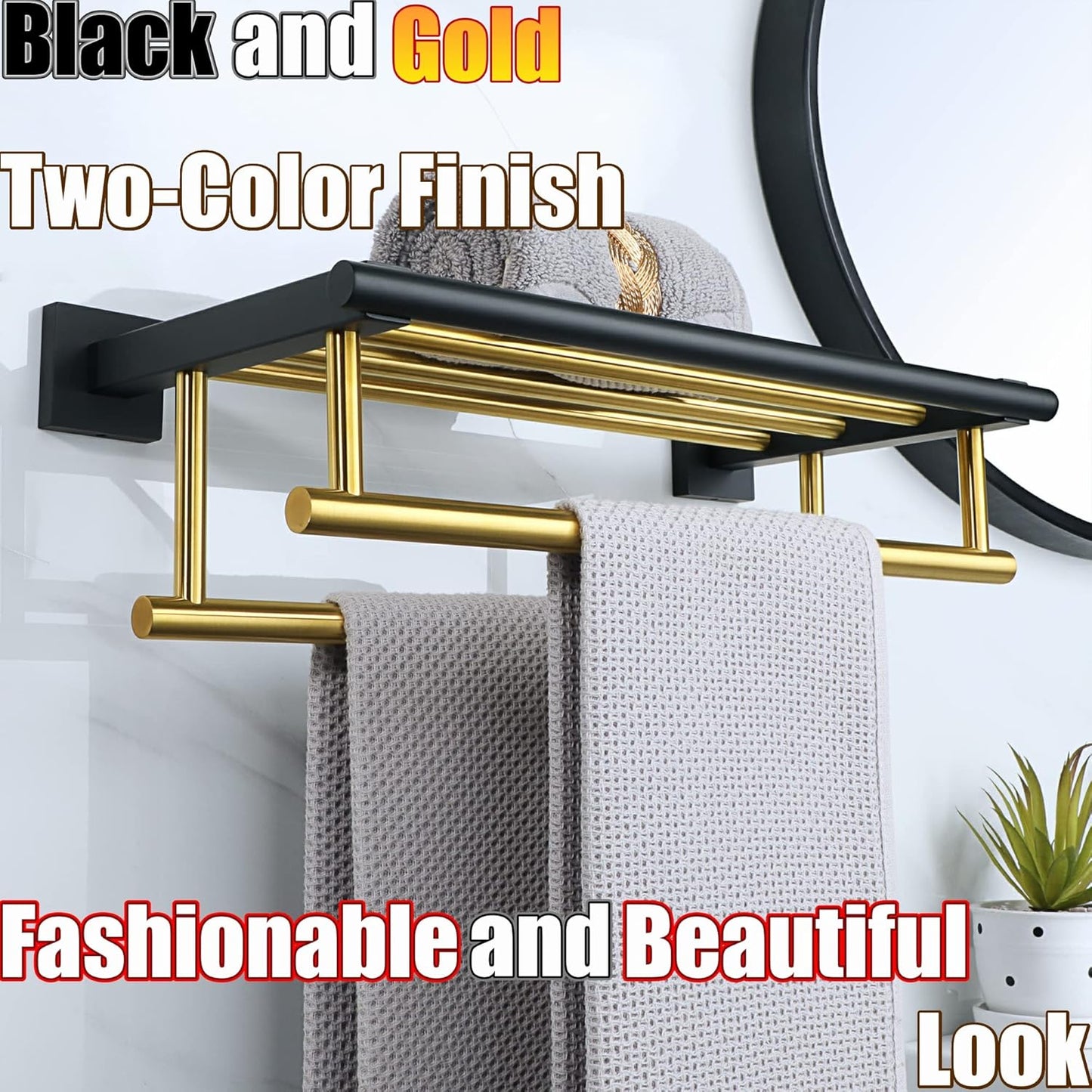 Gold Finish Stainless Steel Towel Rack with Double Bars for Bathroom Wall Mount - 16 Inch
