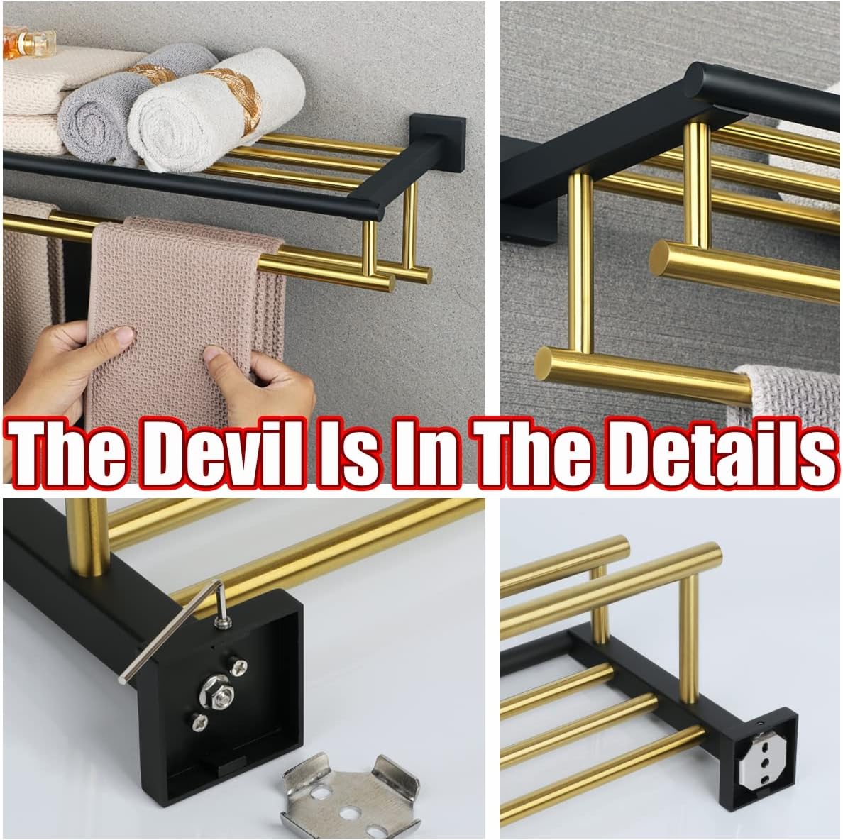Gold Finish Stainless Steel Towel Rack with Double Bars for Bathroom Wall Mount - 16 Inch