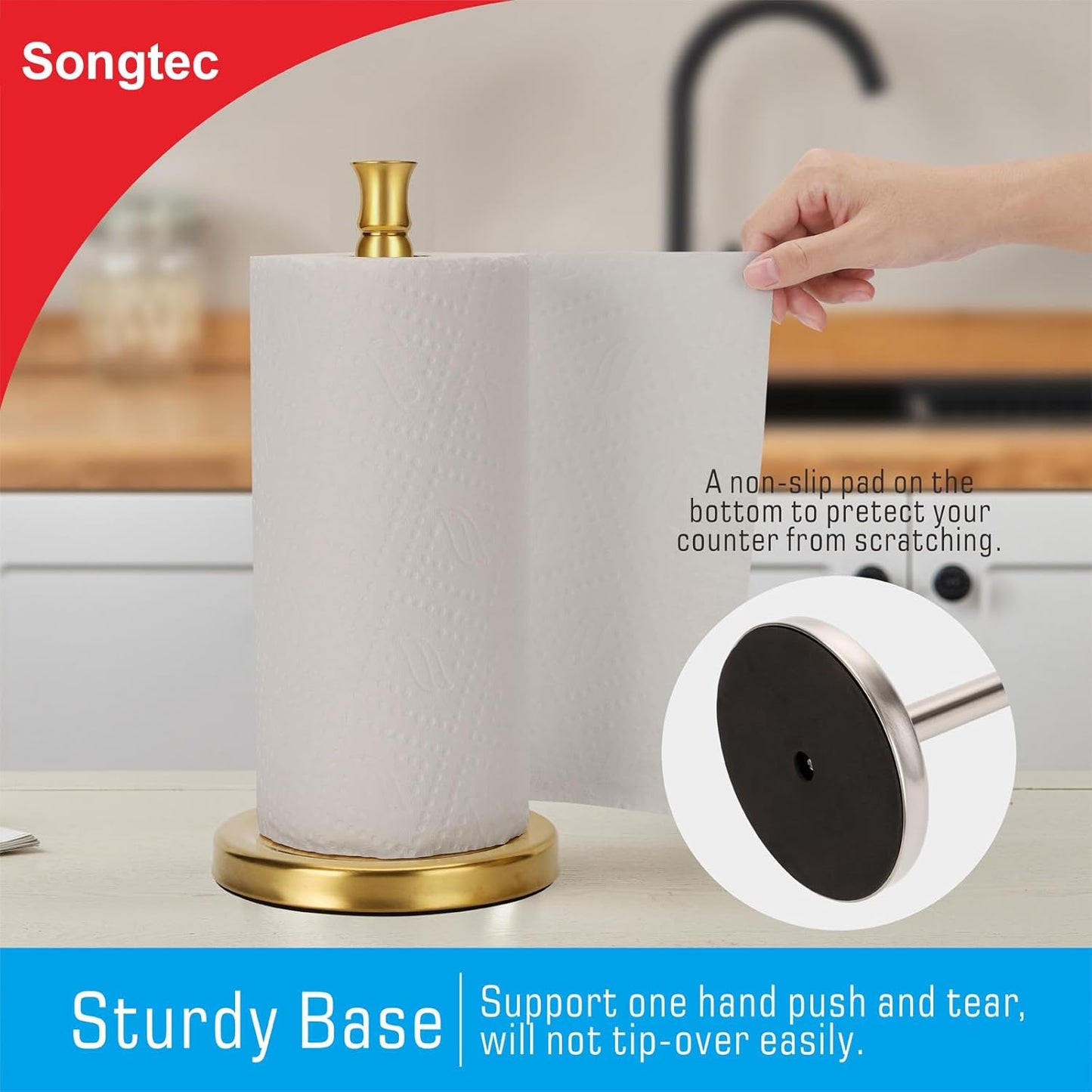 Gold Paper Towel Holder Stand for Countertop - One-Hand Tearing, Fits Standard Paper Rolls - Gold Finish