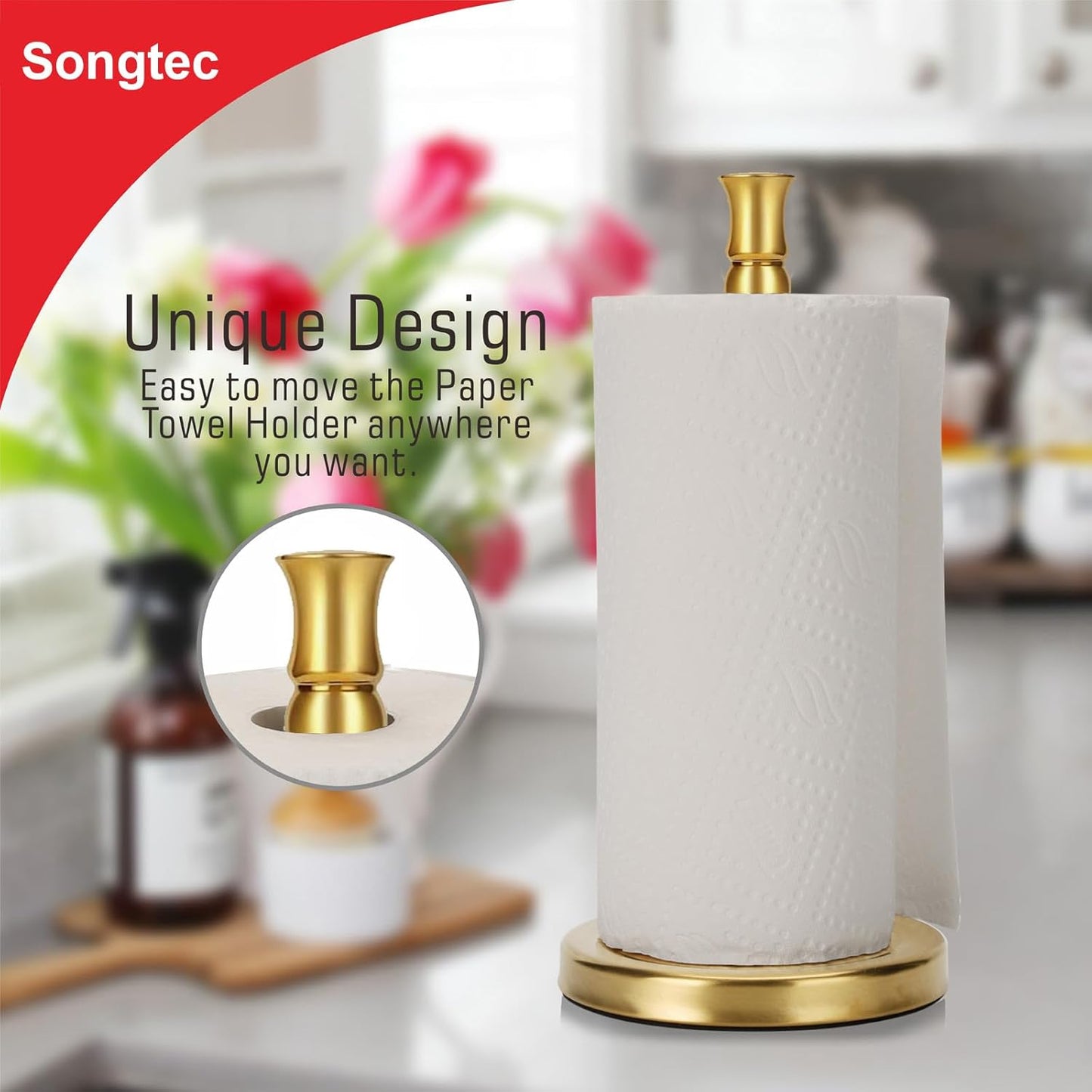 Gold Paper Towel Holder Stand for Countertop - One-Hand Tearing, Fits Standard Paper Rolls - Gold Finish