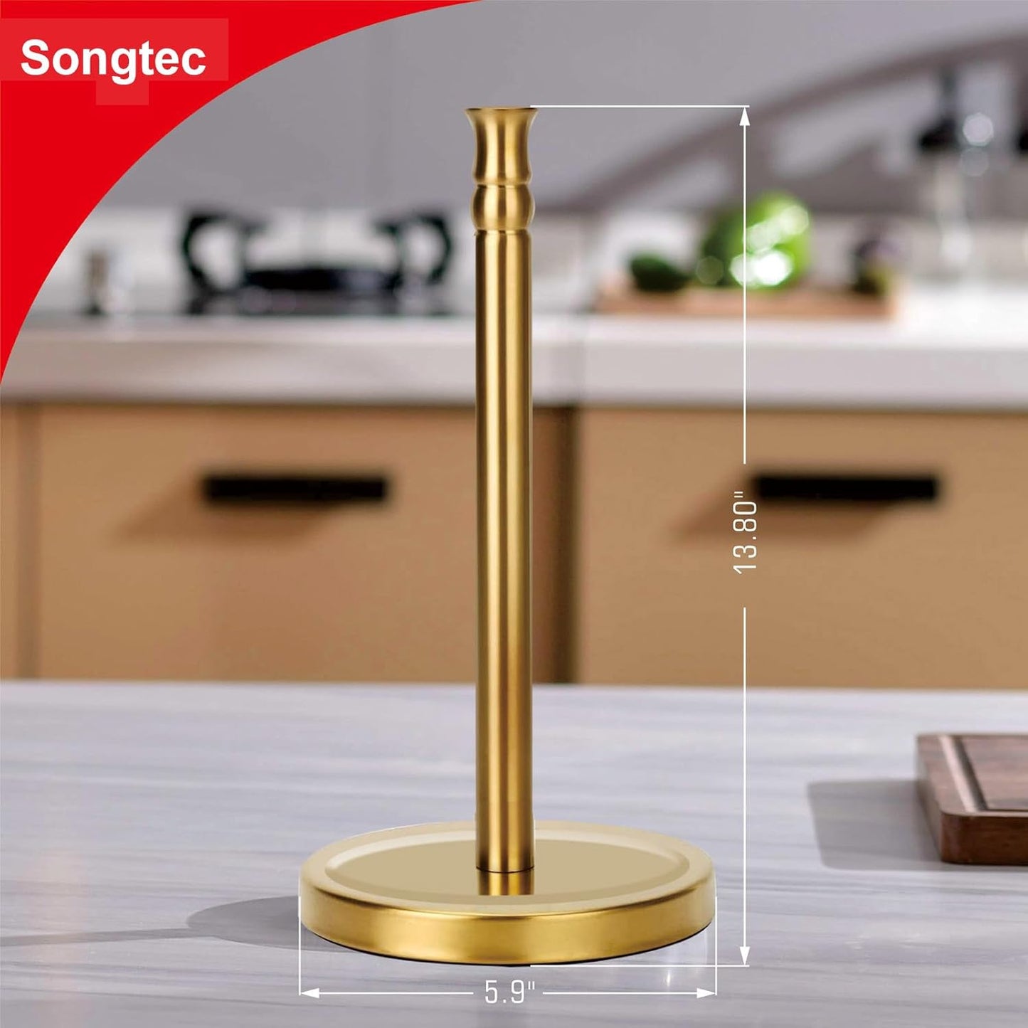 Gold Paper Towel Holder Stand for Countertop - One-Hand Tearing, Fits Standard Paper Rolls - Gold Finish