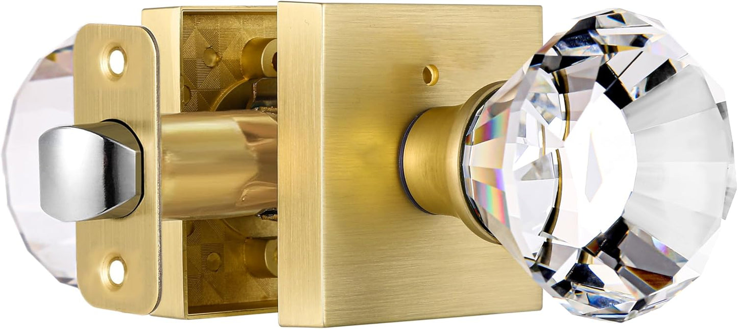 Gold Square Glass Crystal Door Knobs Set with Lock for Bedroom and Bathroom Privacy - Diamond Shape Keyless Design, Satin Brass Finish