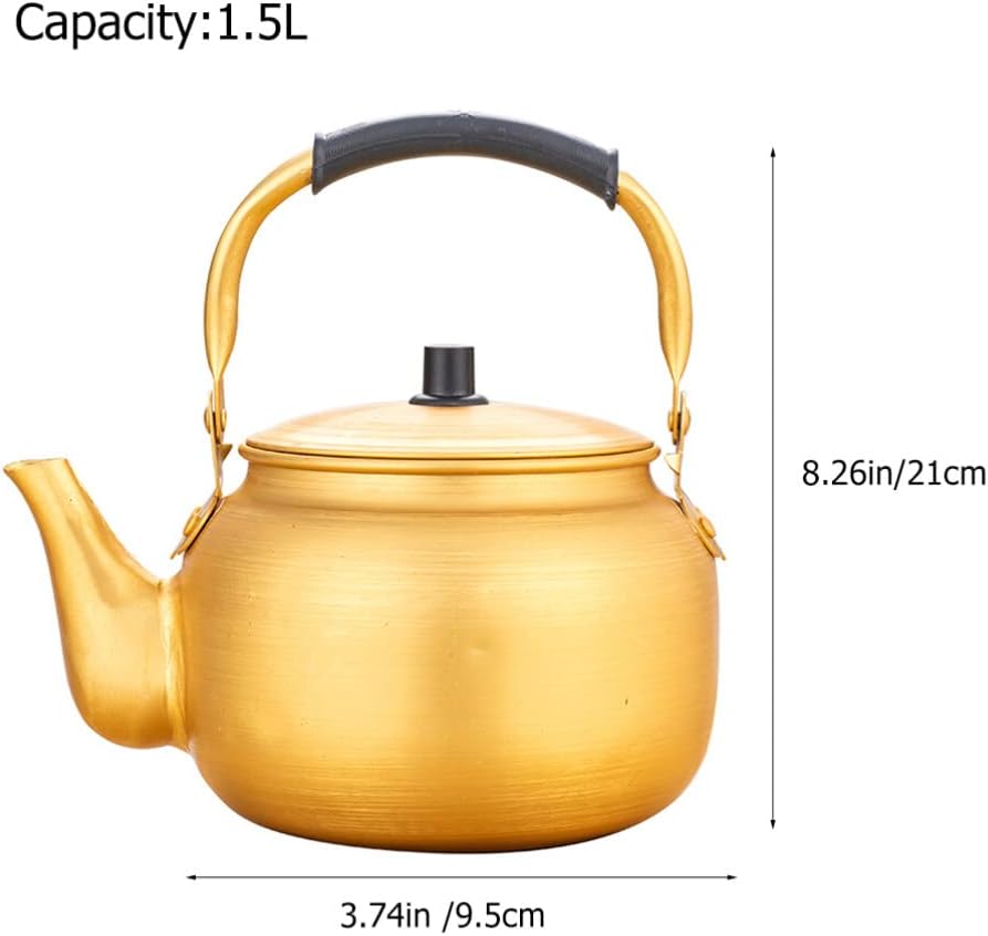 Golden Aluminium Whistle Kettle Tea Serving Pot - 1.5L for Home Kitchen, Restaurant, BBQ & Picnic - Leak-Proof Raw Rice Wine Storage Canister