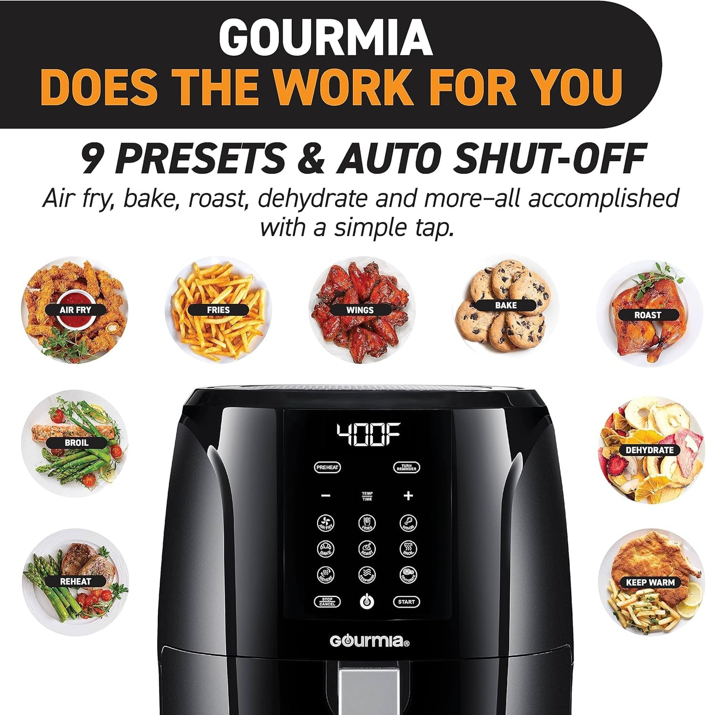 Gourmia 5 Quart Air Fryer Oven with Digital Display, 12 Cooking Presets, XL Basket, 1500w Power - Black/Stainless Steel