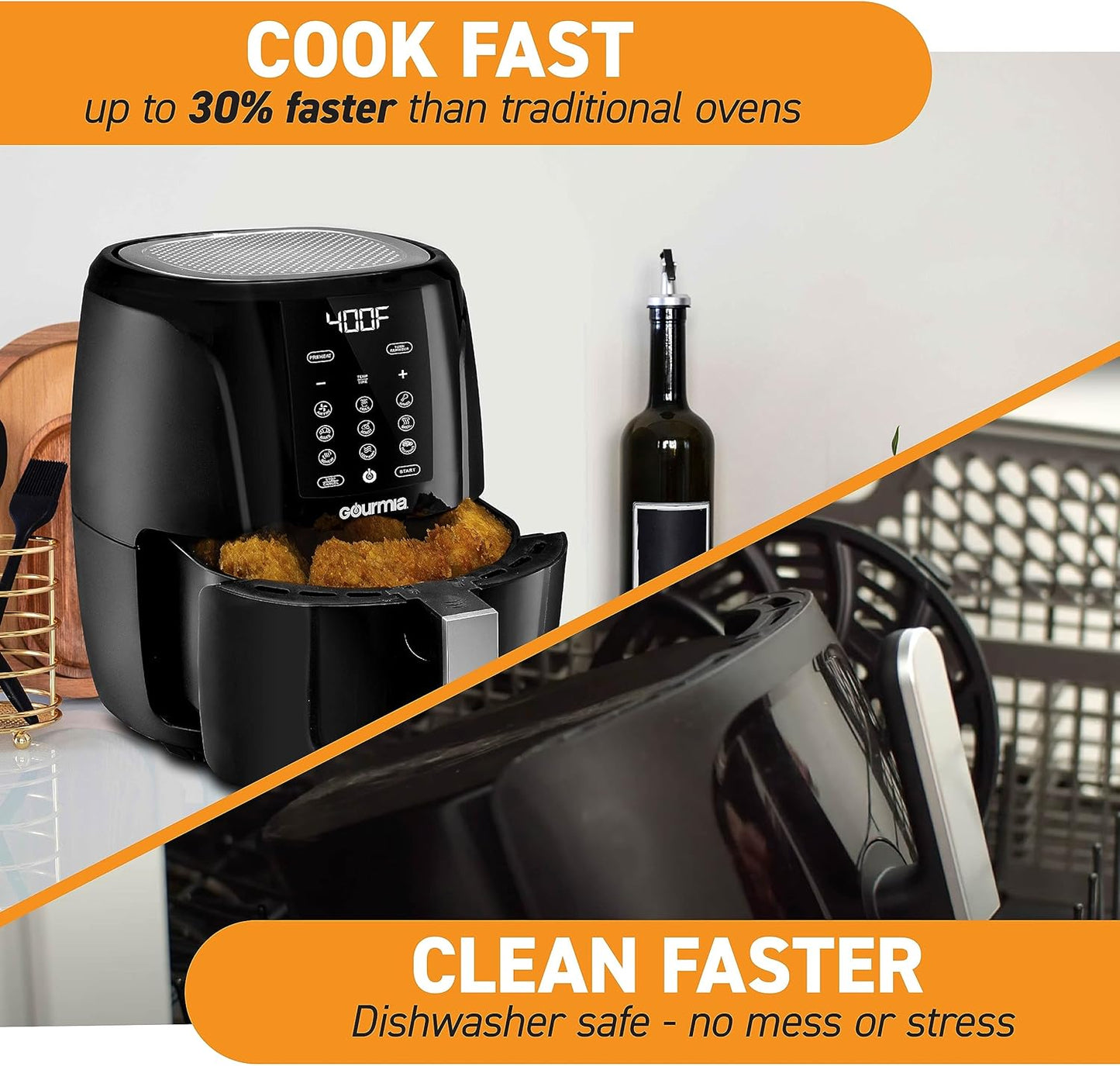 Gourmia 5 Quart Air Fryer Oven with Digital Display, 12 Cooking Presets, XL Basket, 1500w Power - Black/Stainless Steel