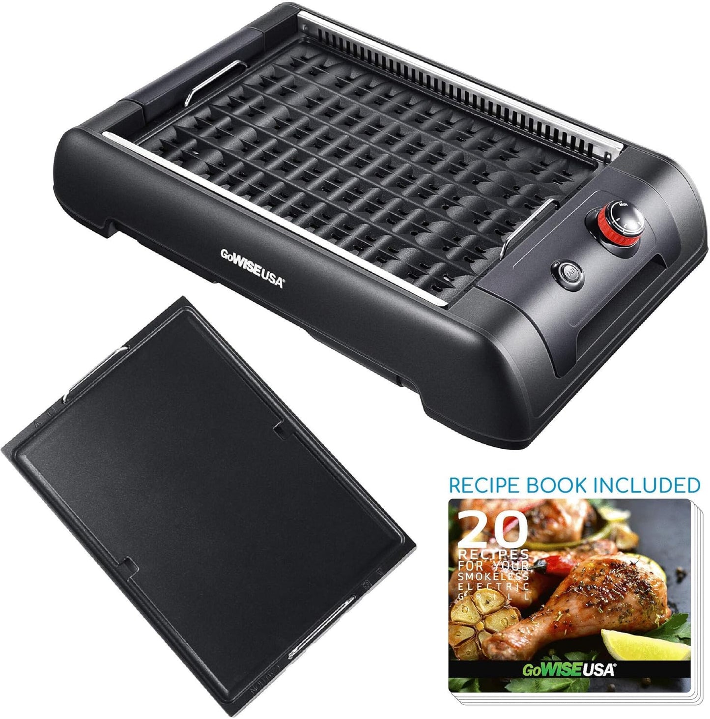 GoWISE USA GW88000 2-in-1 Smokeless Indoor Grill & Griddle with Interchangeable Plates & Drip Pan - Black - Large - Includes 20 Recipes