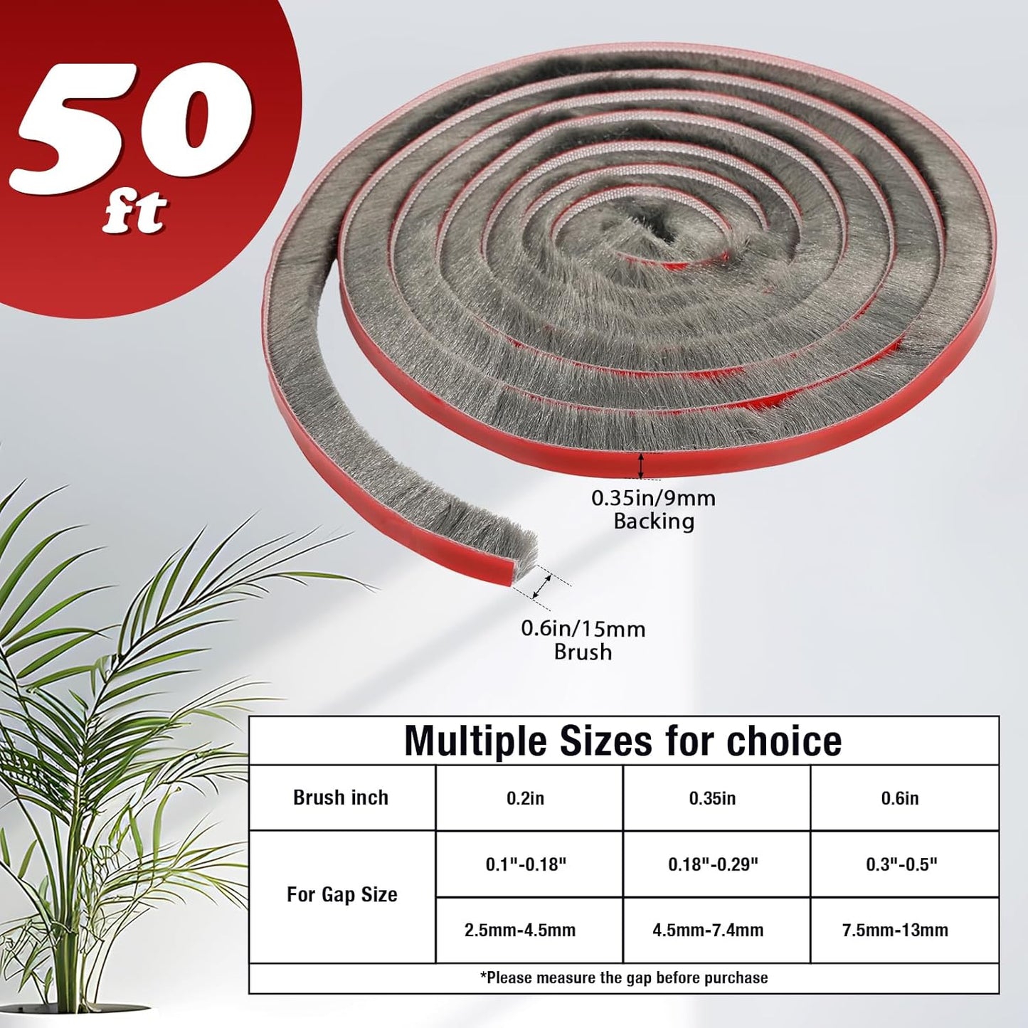 Gray Weather Stripping Door Seal Self-Adhesive Strip - 50 Ft Long, 0.35" Wide x 0.6" Thick - for Doors and Windows
