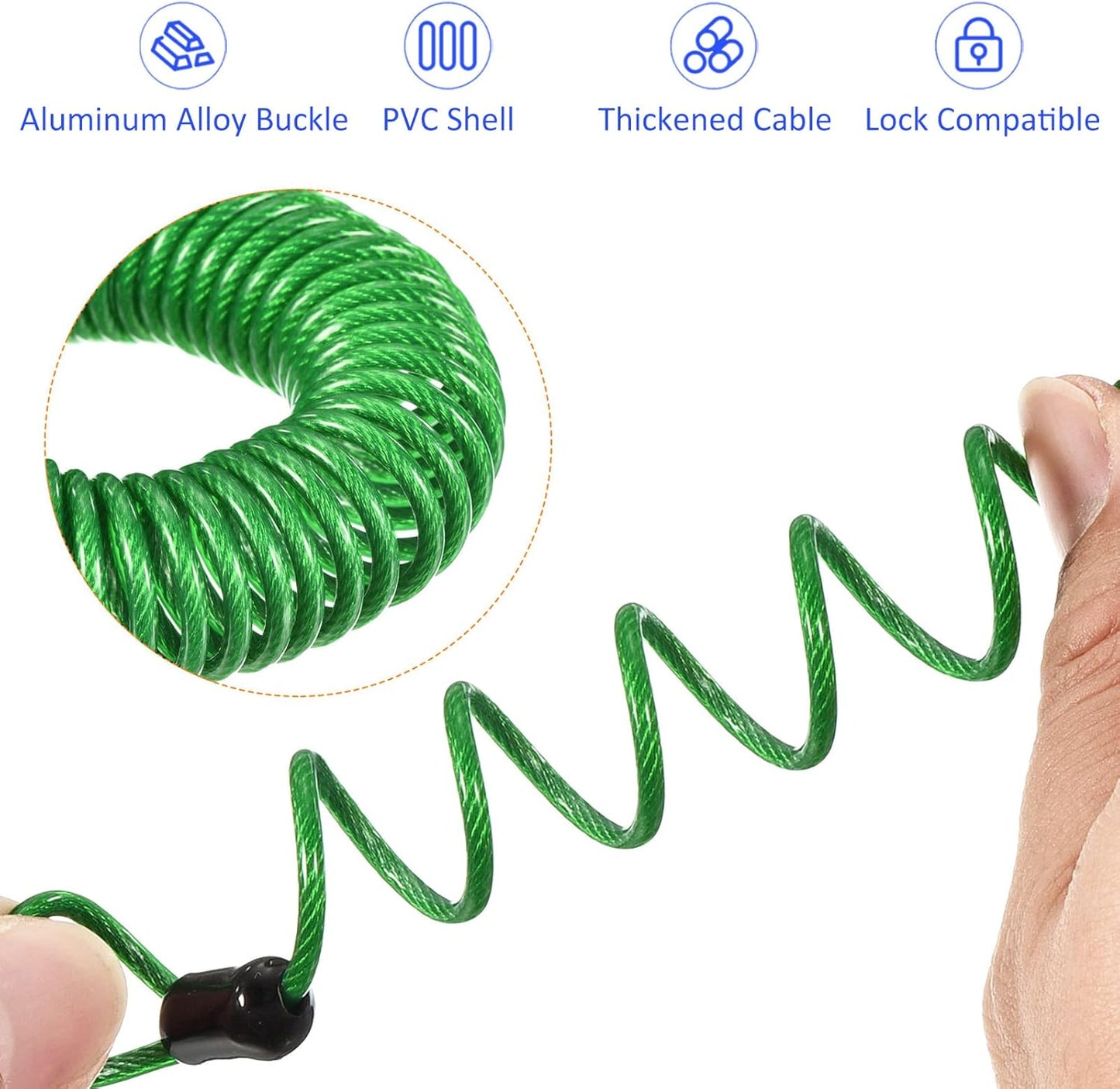 Green 2.5mmx1m Steel Cable Lock with Plastic Coated Reminder Wire for Outdoor Security