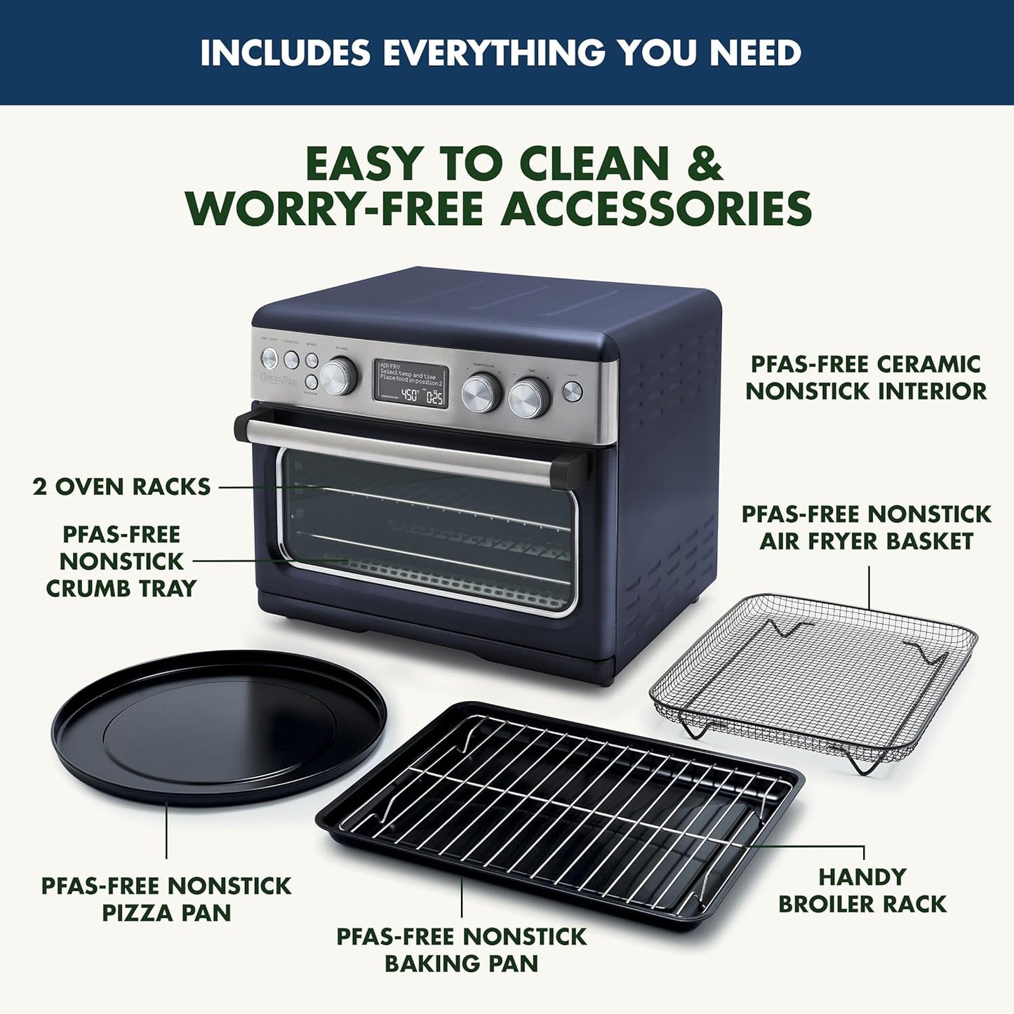 GreenPan 13-in-1 Elite Countertop Convection Oven with Air Fryer, PFAS-Free Ceramic Tray, Adjustable Racks, Multifunction Presets, Toaster, Bake, Broil, Roast, Proof, Dehydrate - Oxford Blue