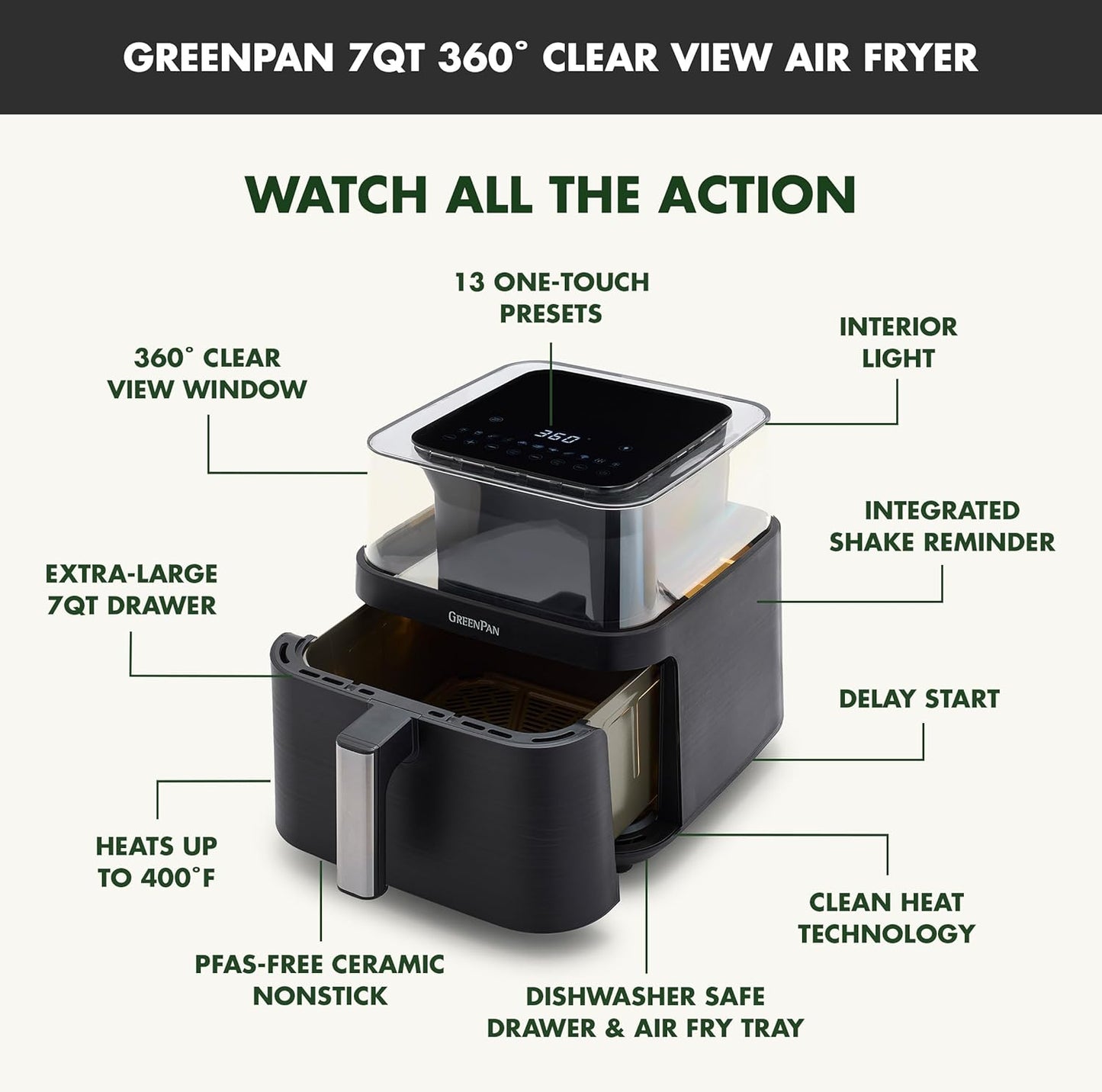 GreenPan Clearview 7QT Air Fryer with Clear Window, PFAS-Free Ceramic Nonstick, 13 Presets, Keep Warm, Dishwasher Safe