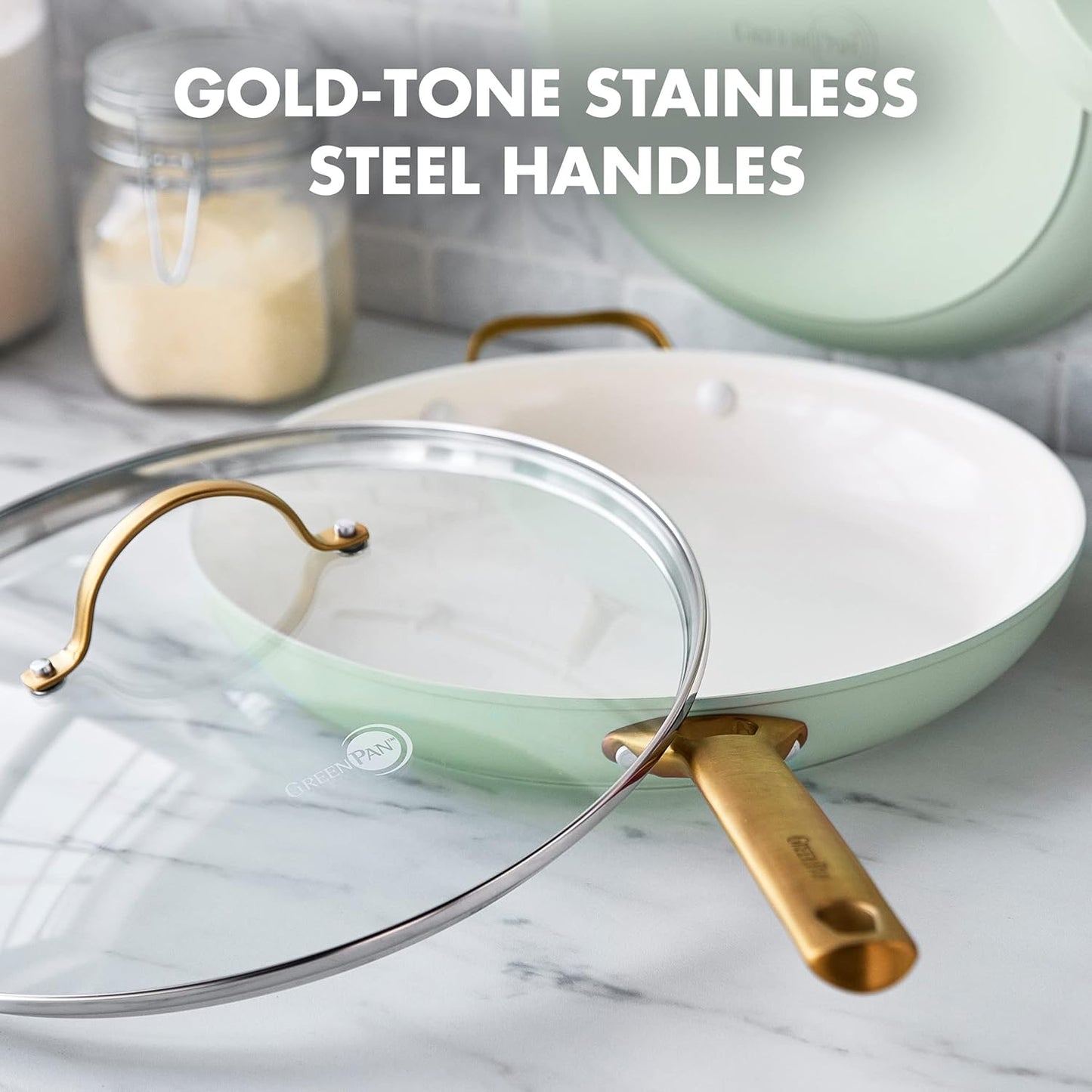 GreenPan Reserve Hard Anodized Healthy Ceramic Nonstick Cookware Set with Gold Handles + 12" Frying Pan Skillet in Julep Green